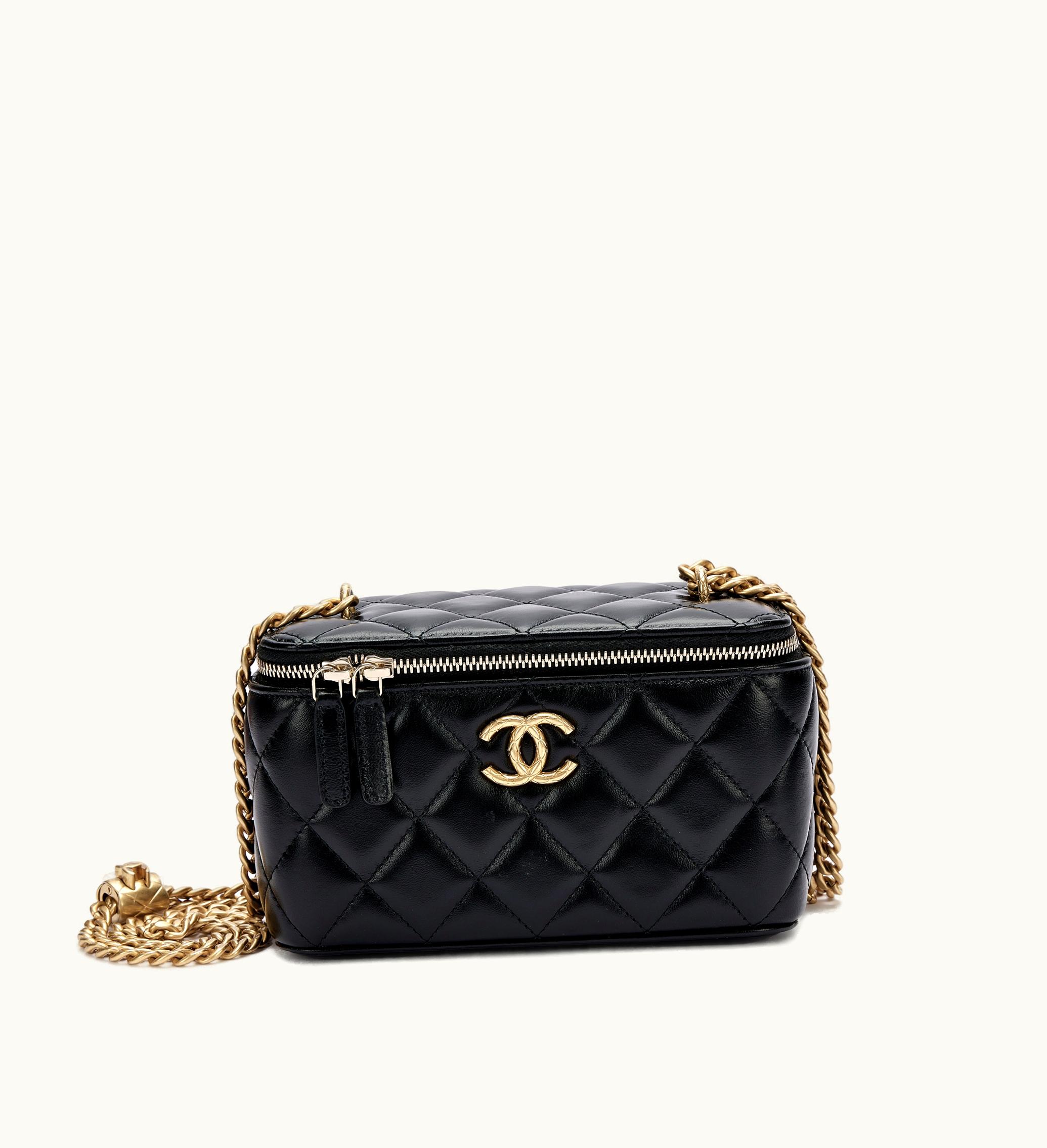 Chanel Chanel Lambskin Vanity Case with Black Quilted Design and Gold Hardware on a Chain