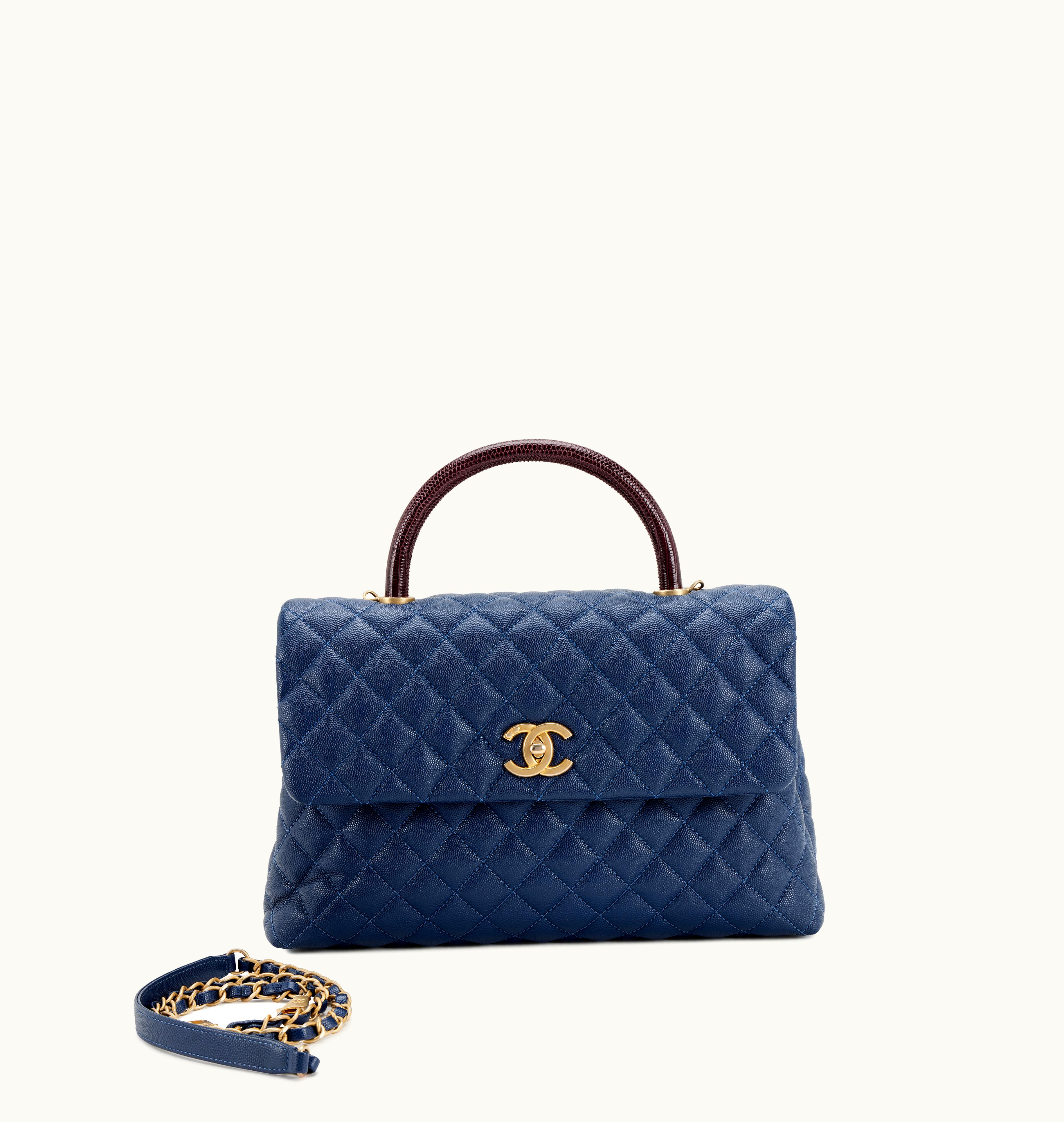 Chanel Chanel 2017 Chanel Navy Blue Caviar Quilted and Burgundy Lizard Medium Coco Top Handle Bag with Gold Hardware