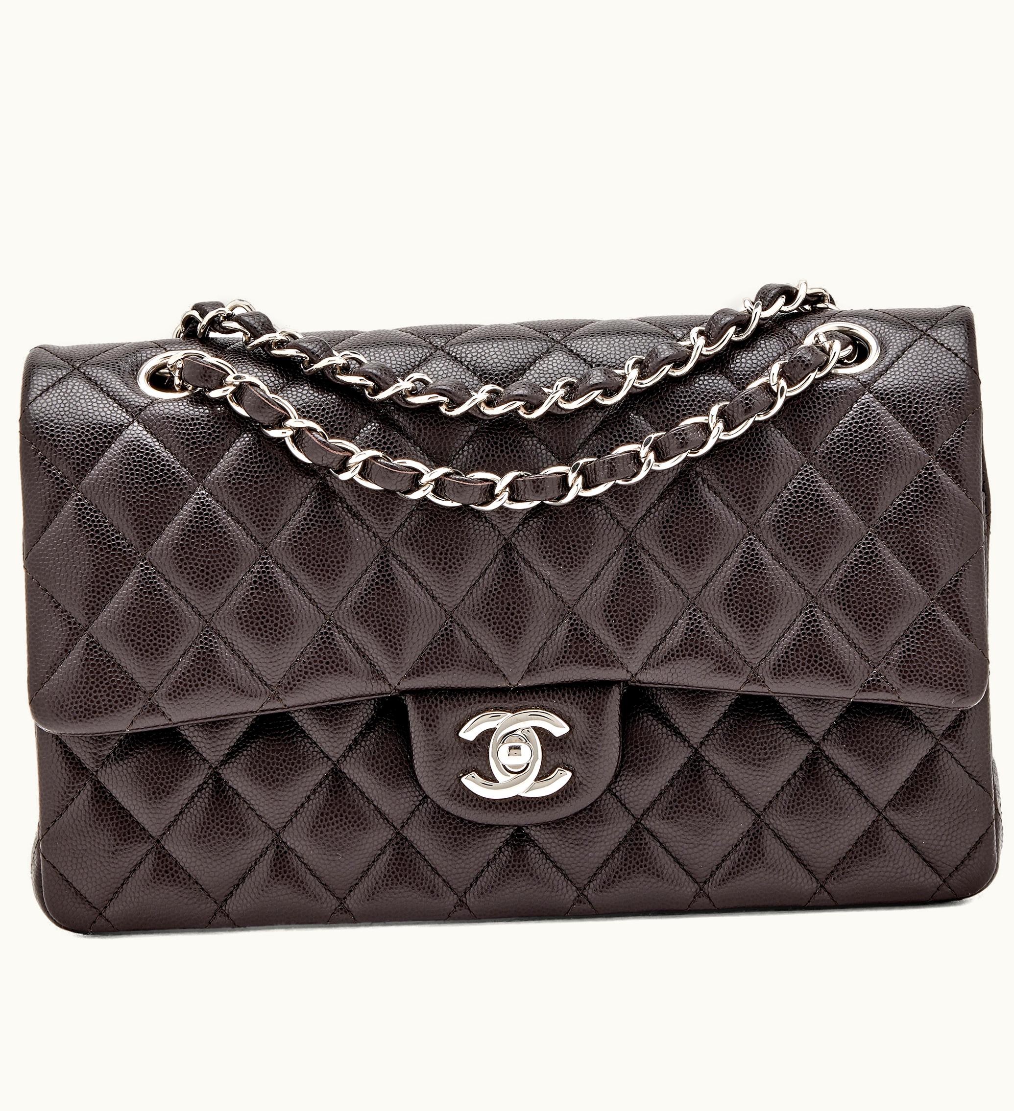 Chanel Chanel Medium Classic Double Flap in Dark Brown Quilted Caviar with Silver Hardware, released in 2018