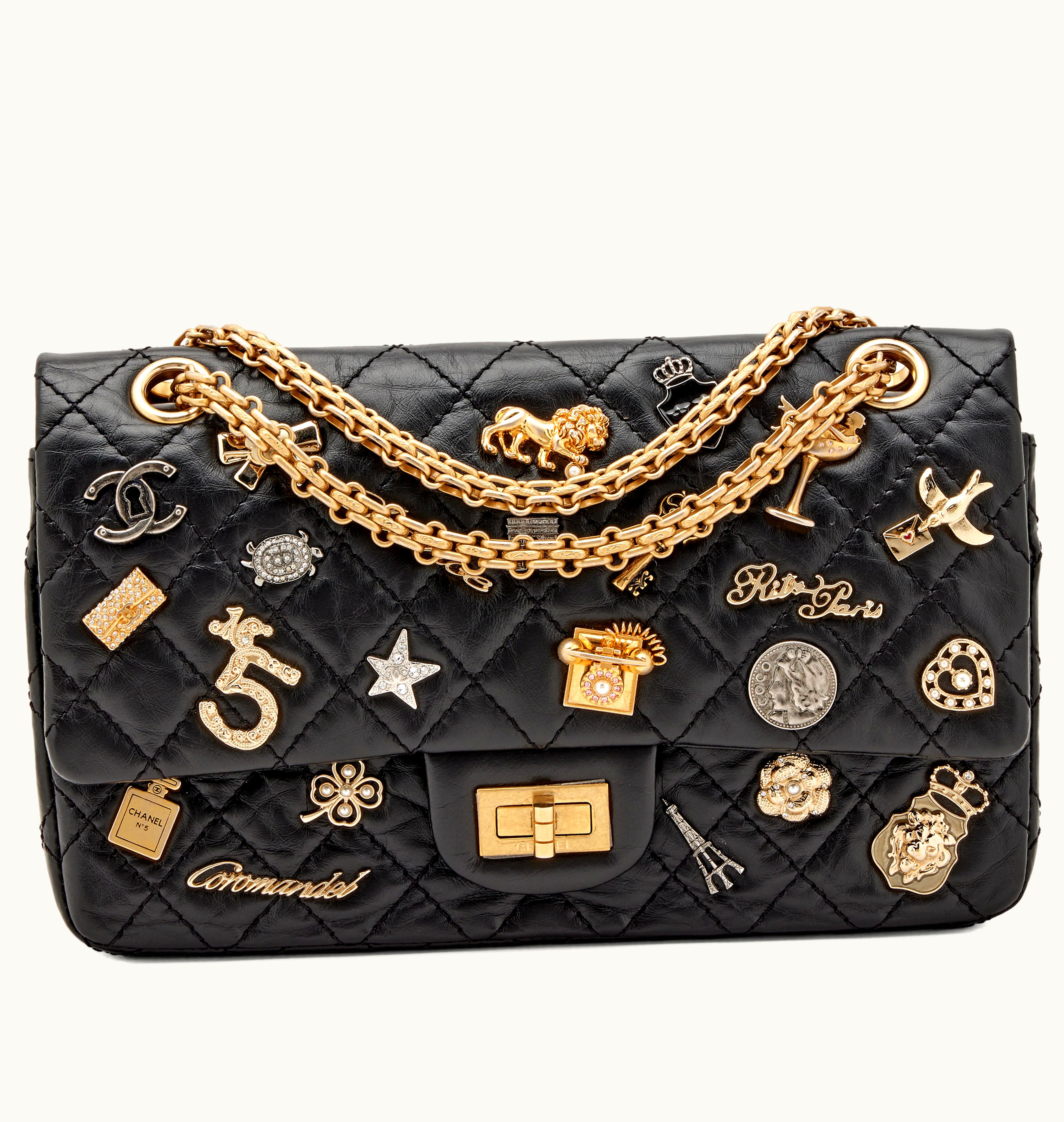 Chanel Chanel 2017 Chanel Paris-Cosmopolite Lucky Charms 225 Reissue Double Flap Antique Gold Hardware, in Black Quilted Aged Calfskin