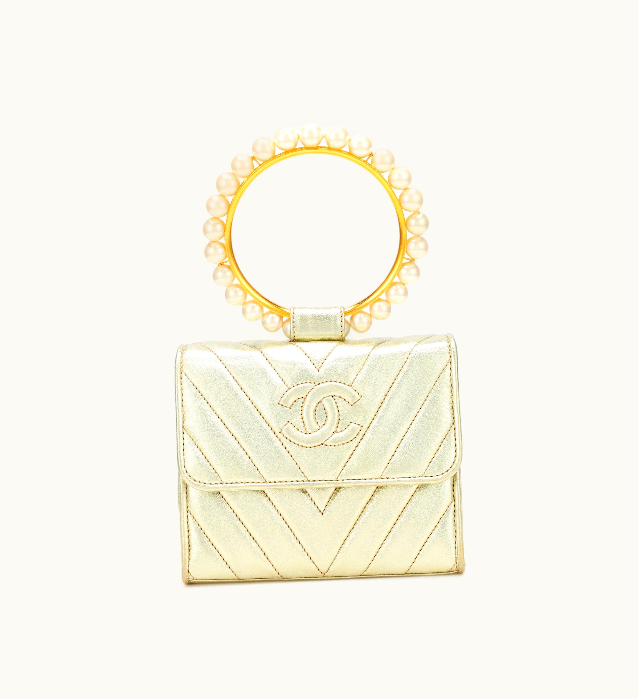 Chanel Chanel Bracelet Handle Mini Flap in Gold Chevron Quilted Lambskin with Imitation Pearl and Gold Hardware, 1991-1994