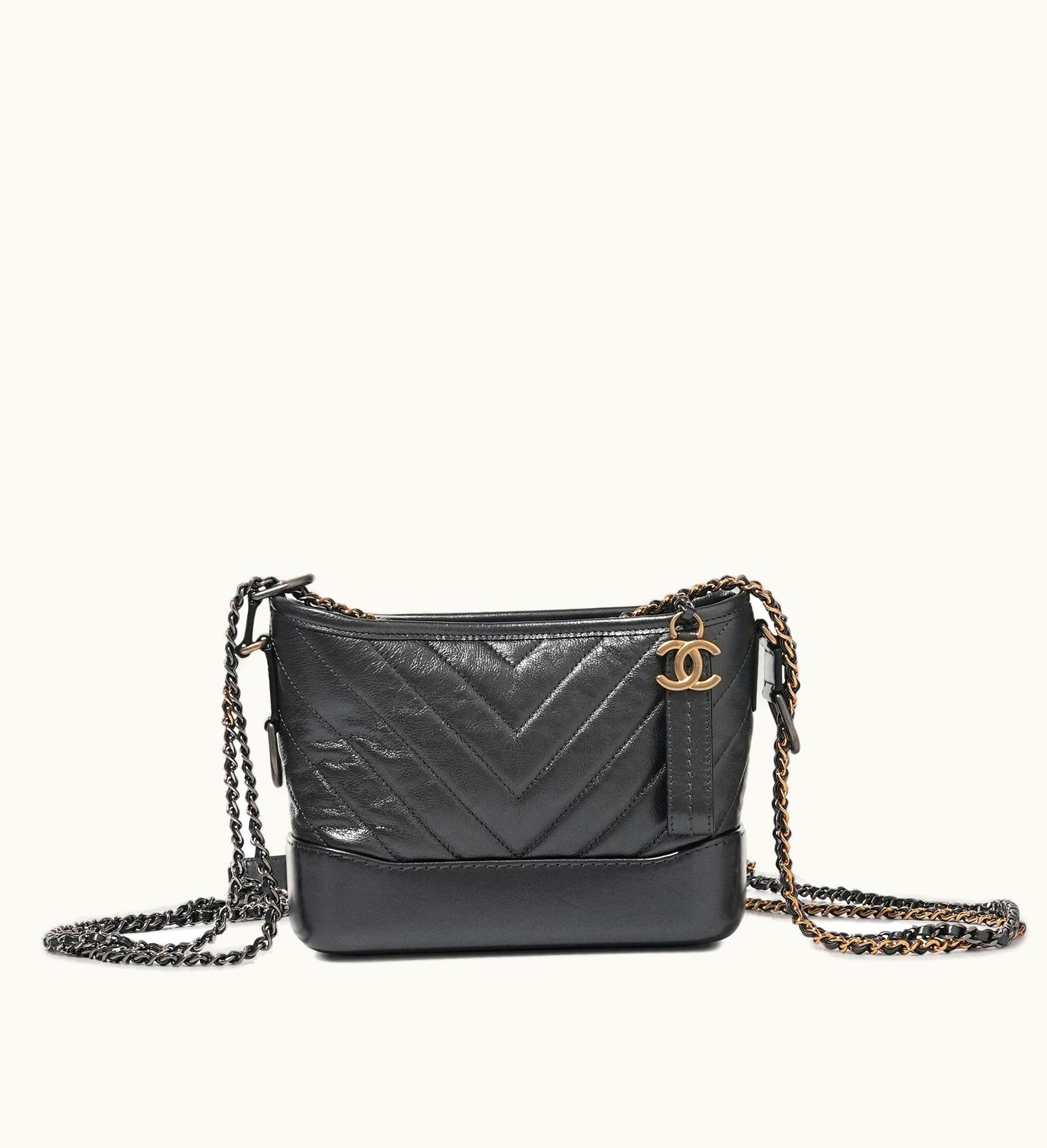 Chanel Chanel Small Gabrielle Hobo Bag Gold and Ruthenium Hardware, 2019 with a Black Chevron Calfskin Touch