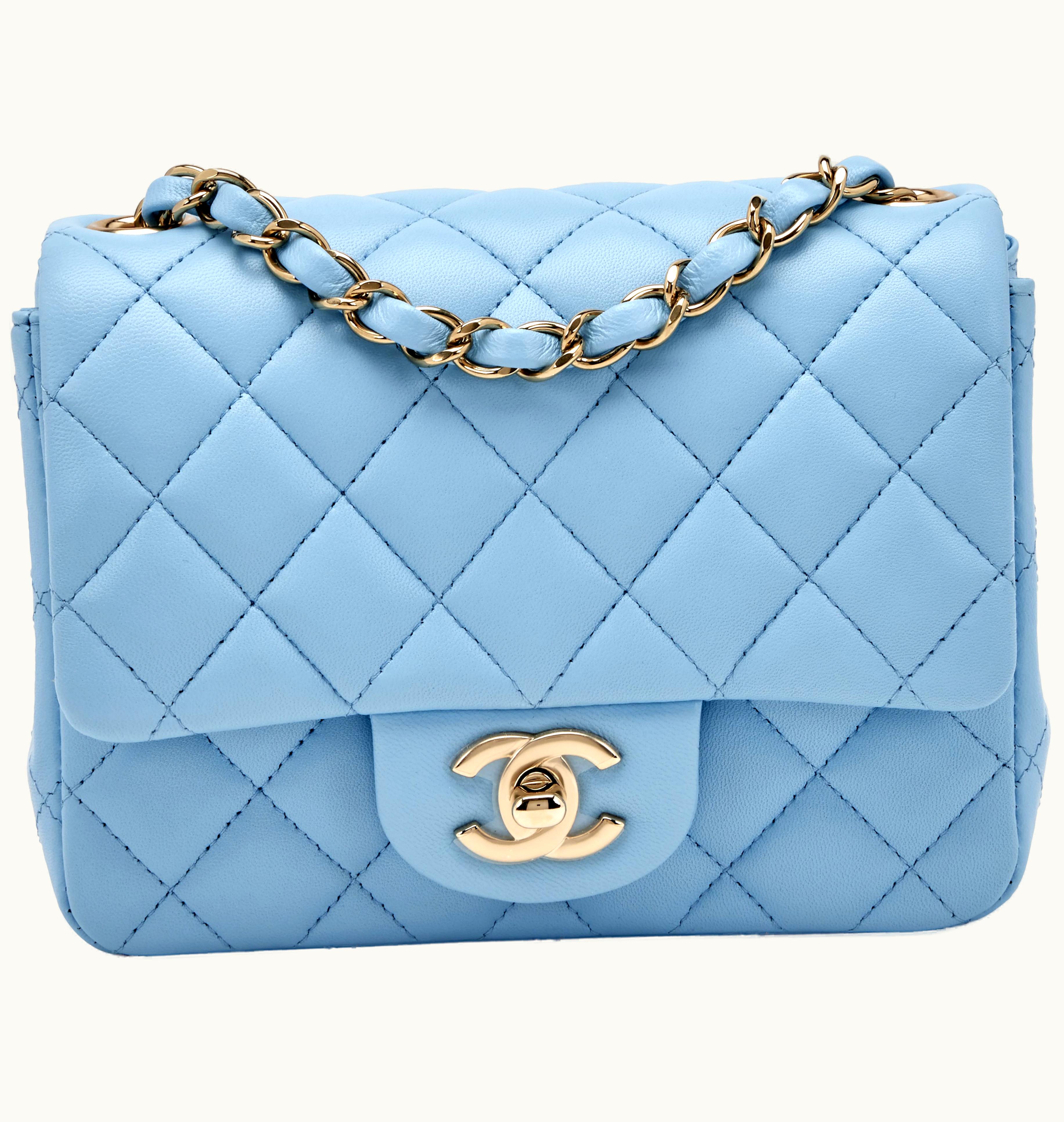 Chanel Chanel Mini Square Classic Flap in Light Blue Quilted Lambskin with Pale Gold Hardware, anticipated release in 2022