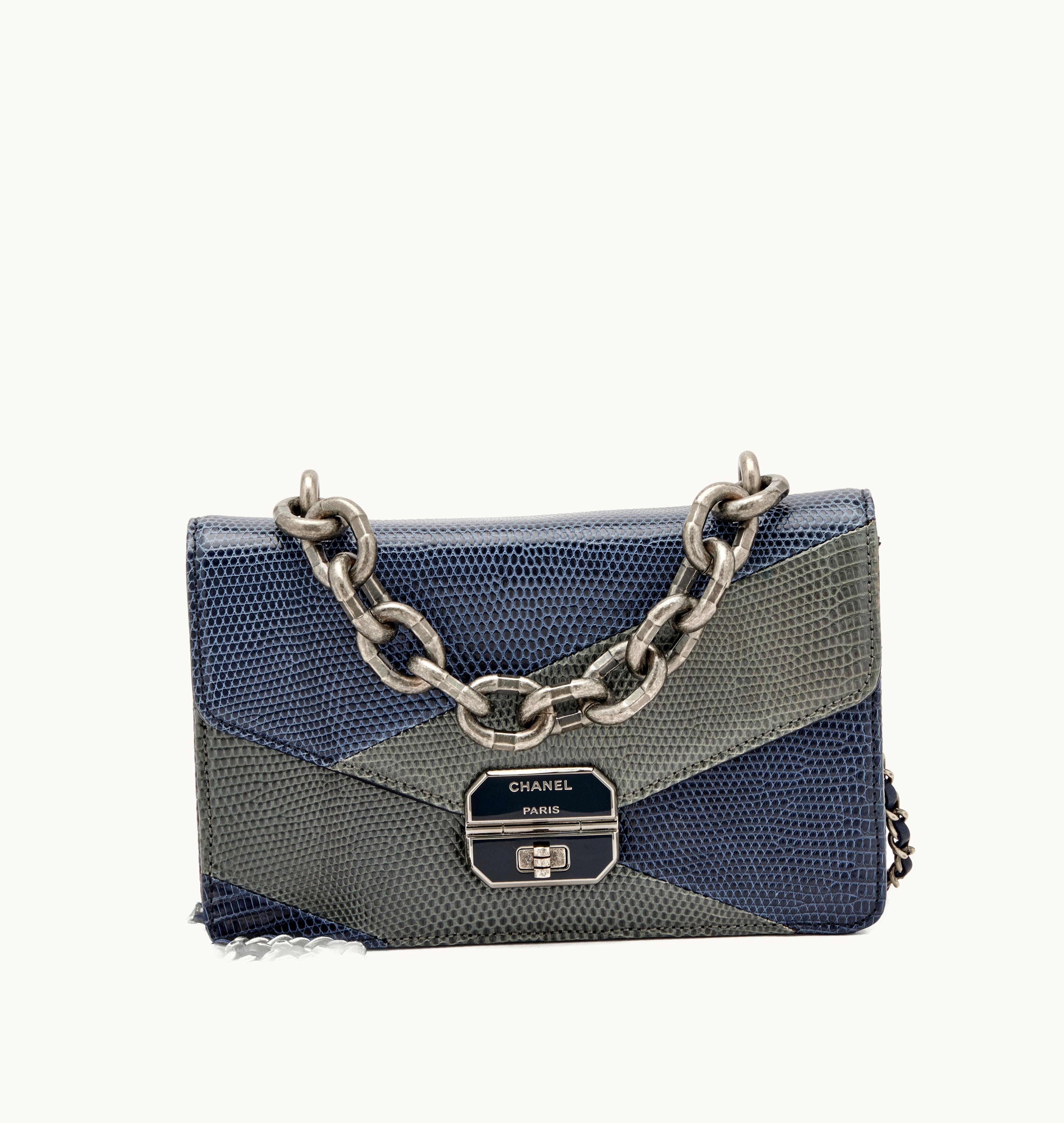 Chanel Chanel 2016 Chanel Paris-Rome Gabrielle Flap Bag in a sleek Navy Blue and Grey Lizard with stunning Ruthenium Hardware