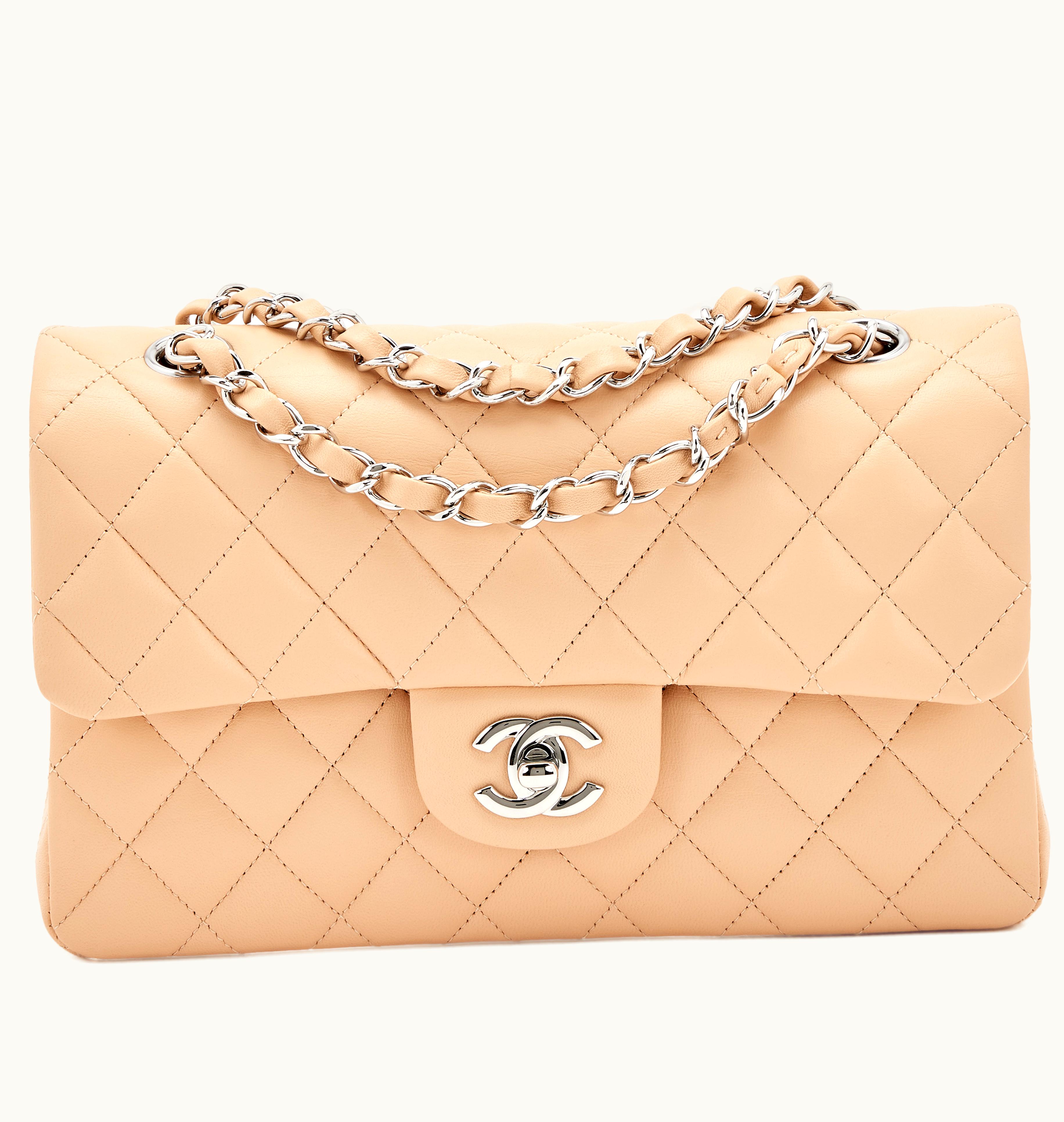 Chanel Chanel Small Classic Double Flap Chanel Handbag in Beige Quilted Caviar with Silver Hardware