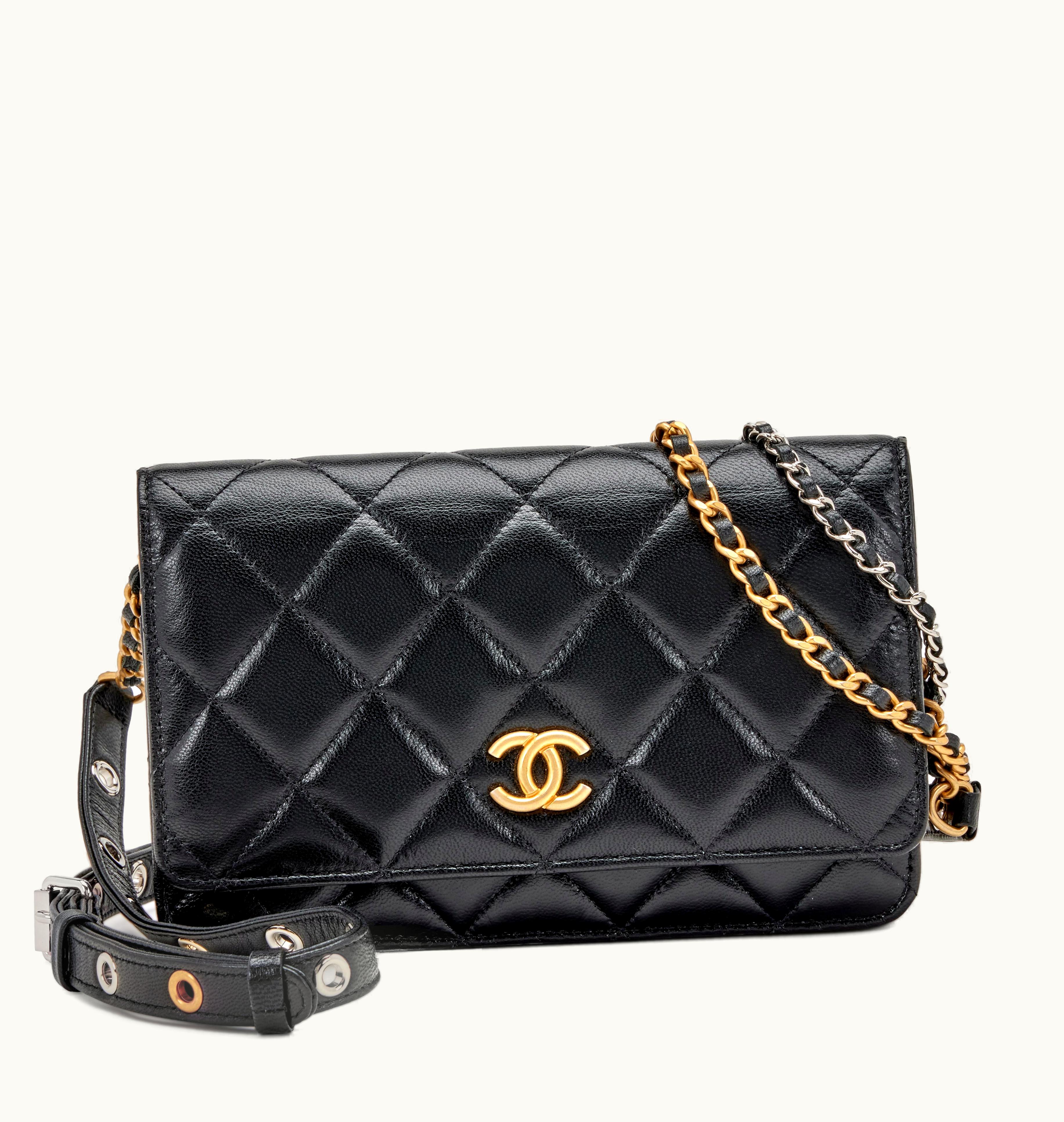 Chanel Chanel Quilted Lambskin Wallet On Chain WOC in Black with Brushed Gold and Silver Hardware