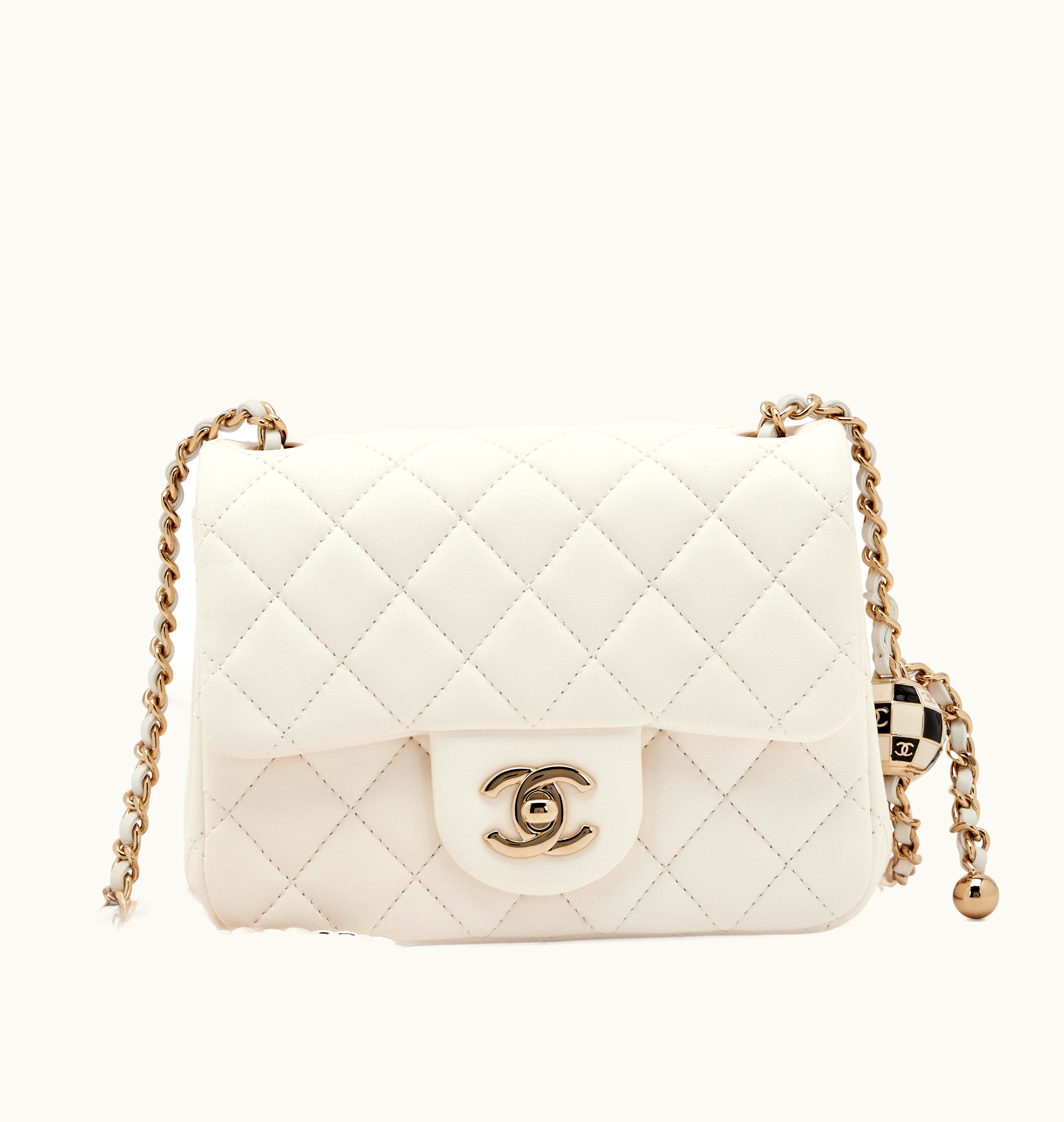 Chanel Chanel White Quilted Lambskin Mini Flap Bag with Pearl Crush Chain Pale Gold Hardware, 2023