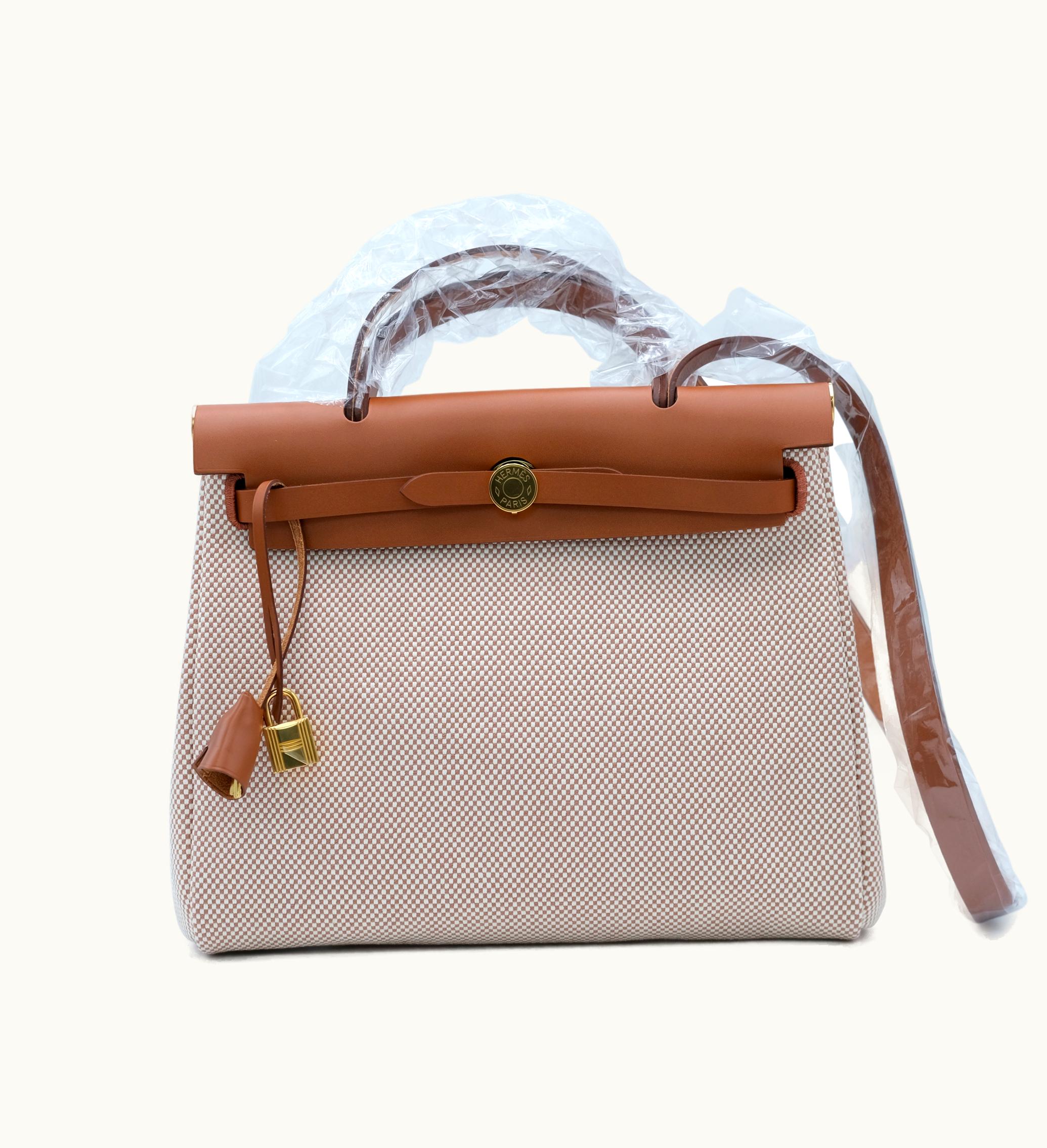 Hermès Hermès Hunter Flaxen Cow and Natural Canvas Quadrille Herbag Zip 31 Gold Hardware, 2023