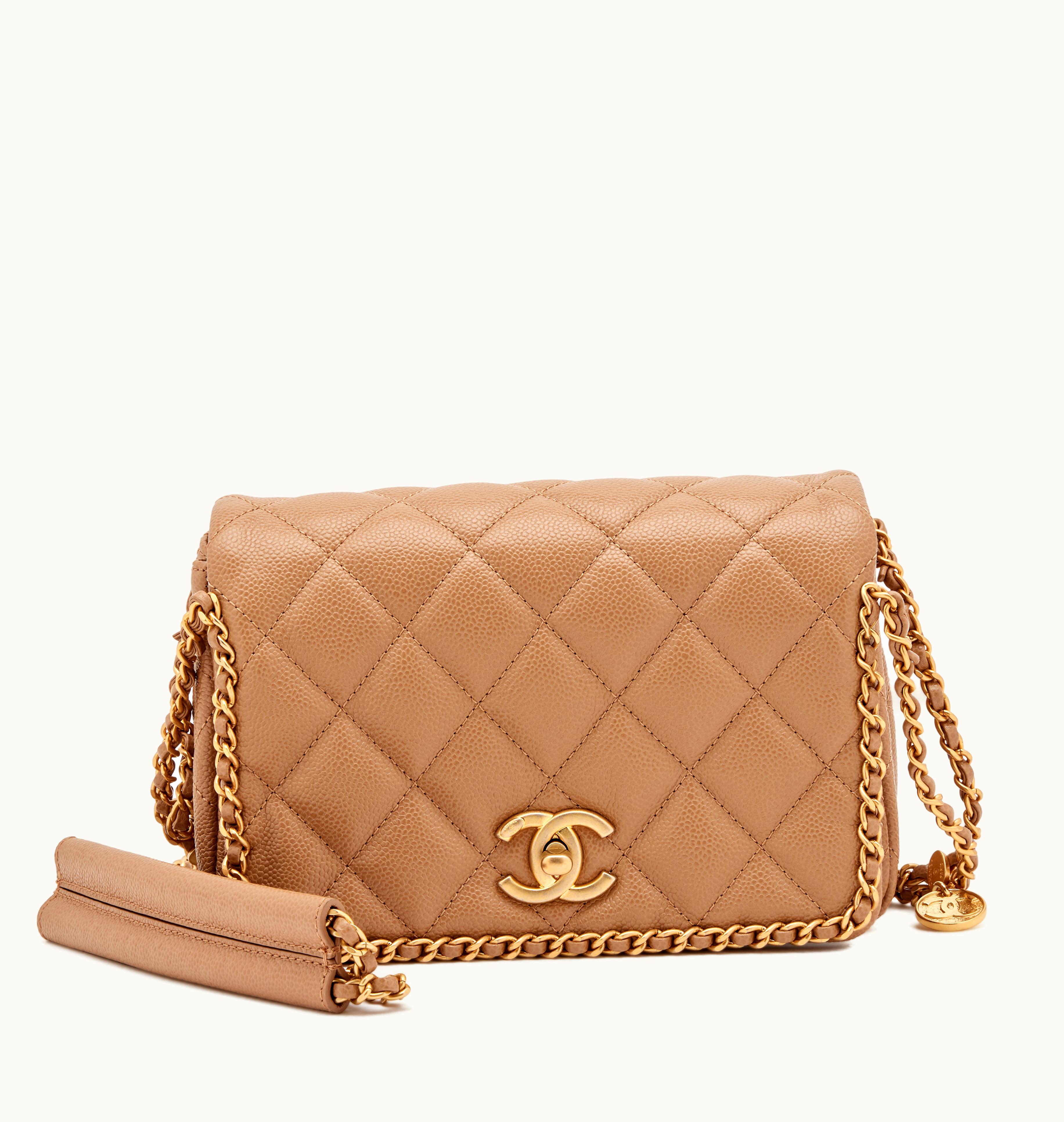 Chanel Chanel 2021 Mini Rectangle Chanel Flap Bag with Gold Hardware, featuring Beige Quilted Caviar and Chain Around
