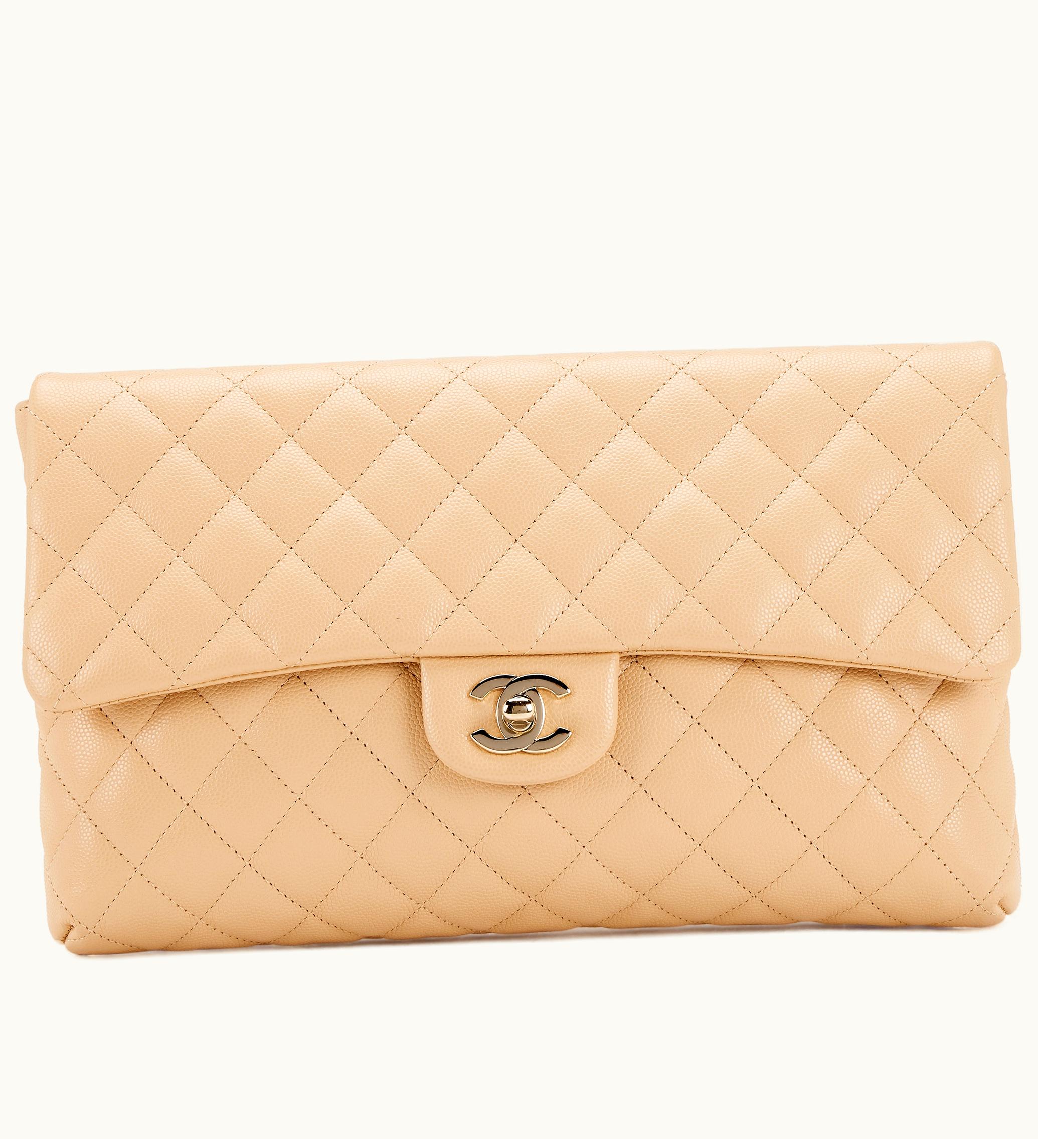 Chanel Chanel 2019 Chanel Light Beige Clair Quilted Caviar Classic Clutch with Gold Hardware