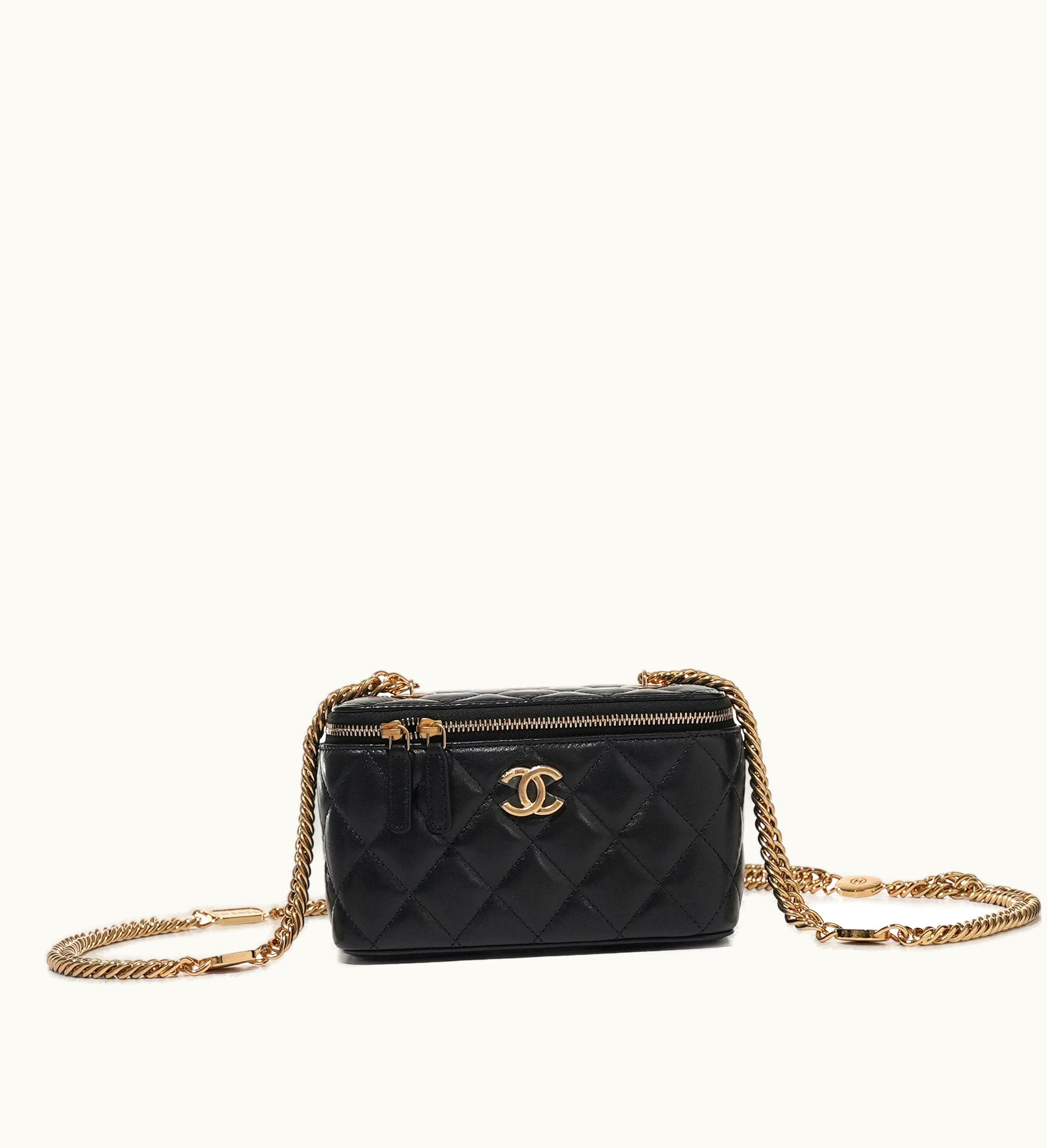 Chanel Chanel Black Quilted Lambskin Vanity Case with Multicolor Buckle and Gold Hardware
