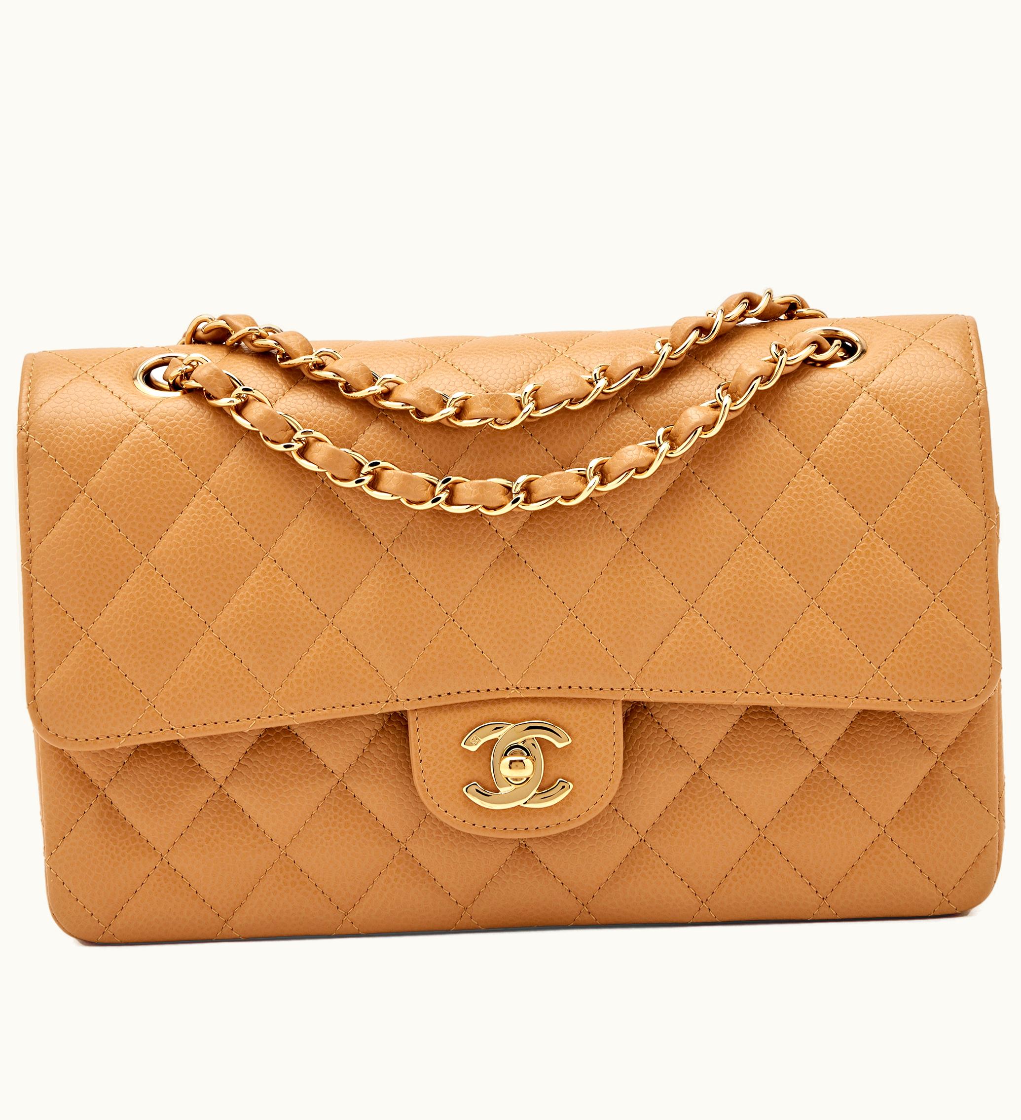 Chanel Chanel Caviar Medium Classic Double Flap with Gold Hardware in Camel Beige shade, manufactured between 2005 and 2006
