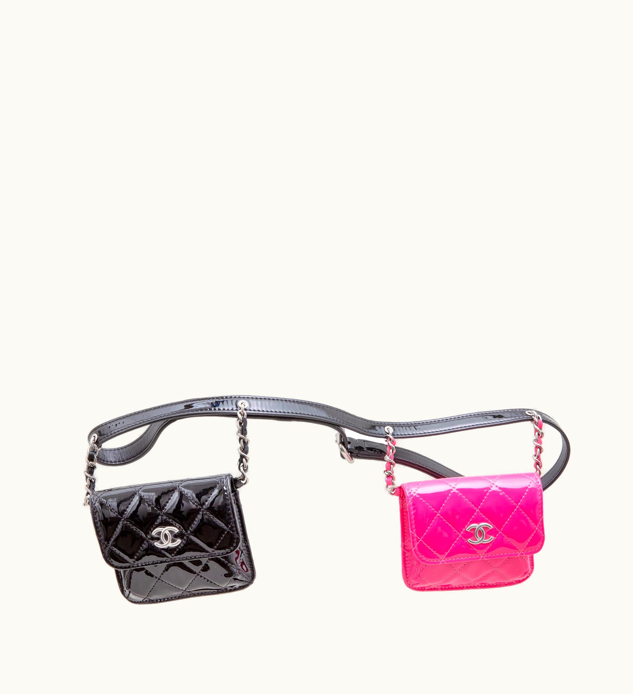 Chanel Chanel Waist Bag - 2020 Edition: Black and Pink Quilted Patent Double Mini Flap with Silver Hardware