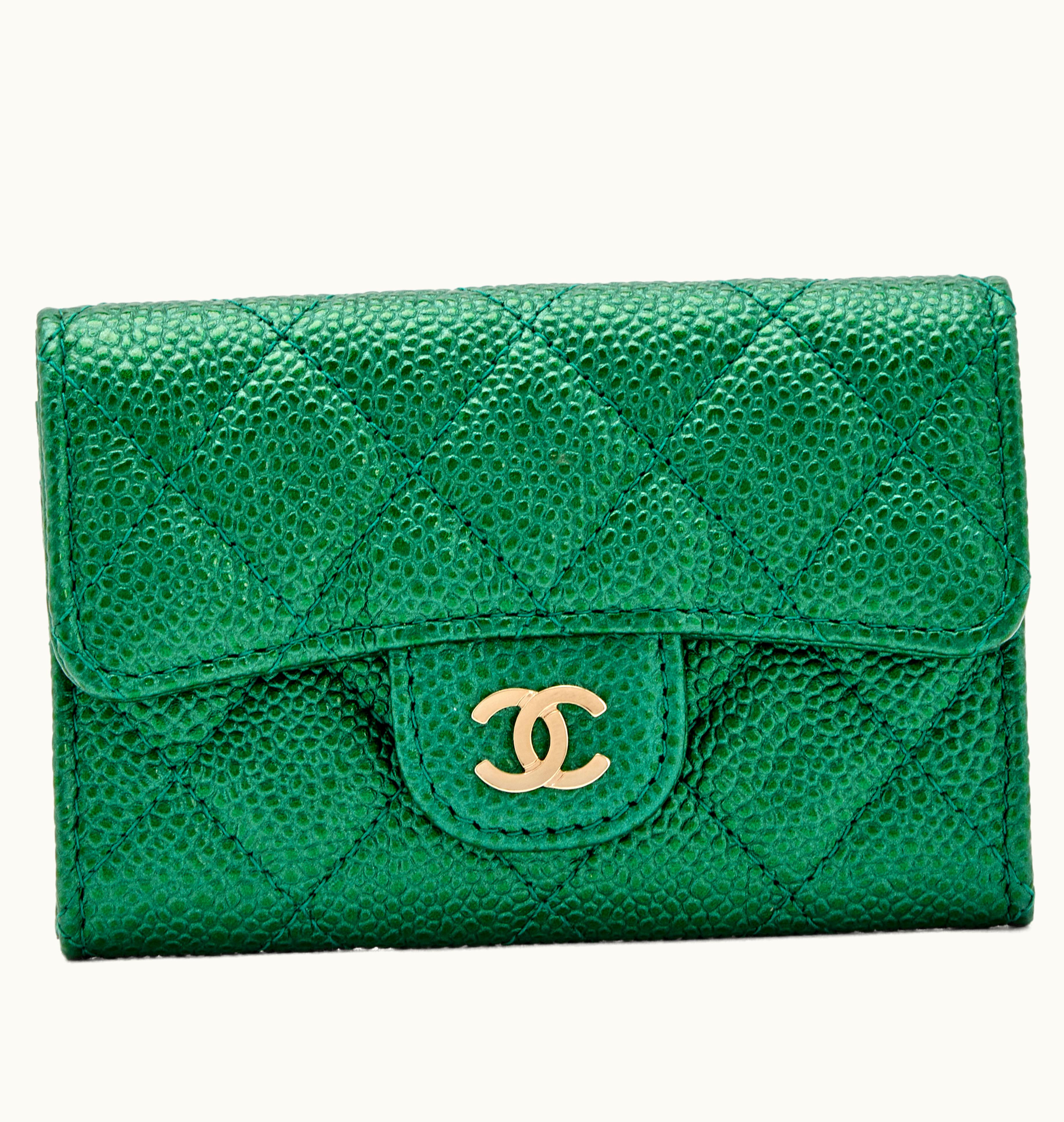 Chanel Chanel Quilted Caviar Classic Flap Card Holder in Metallic Pearly Green with Light Gold Hardware, 2018 Edition
