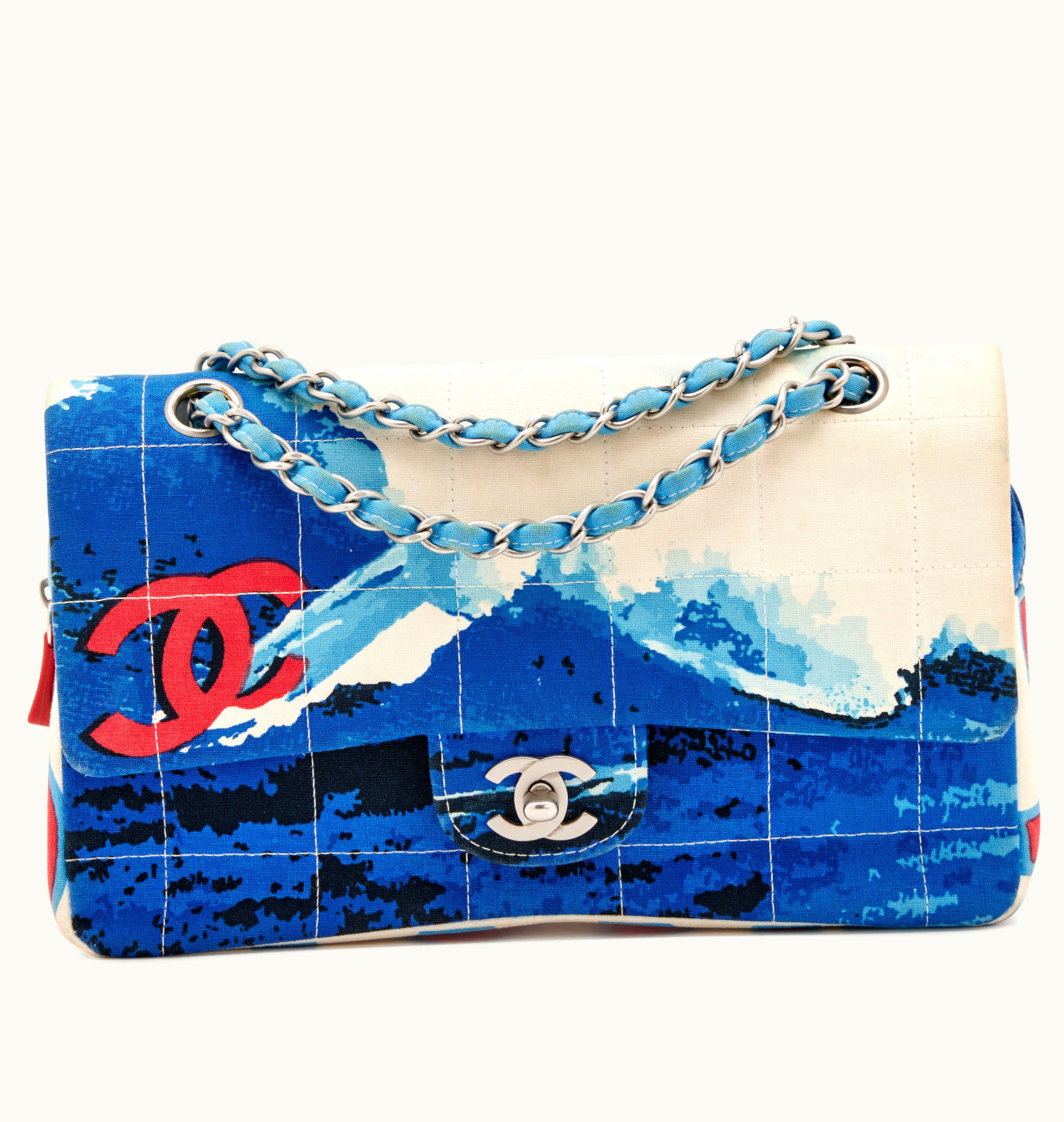 Chanel Chanel 2002 Chanel Blue, White, and Red Chocolate Bar Quilted Canvas CC Beach Surf Line Flap Brushed Silver Hardware - Refashioned Version