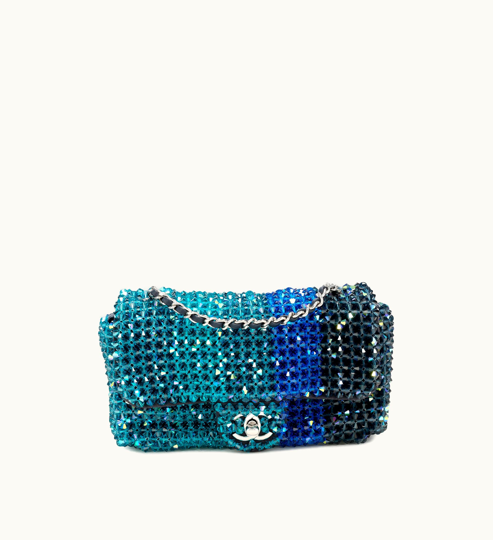 Chanel Chanel 2020 Chanel Mini Flap Bag with Silver Hardware showcasing a mesmerizing Blue Gradient Iridescent Crystal design