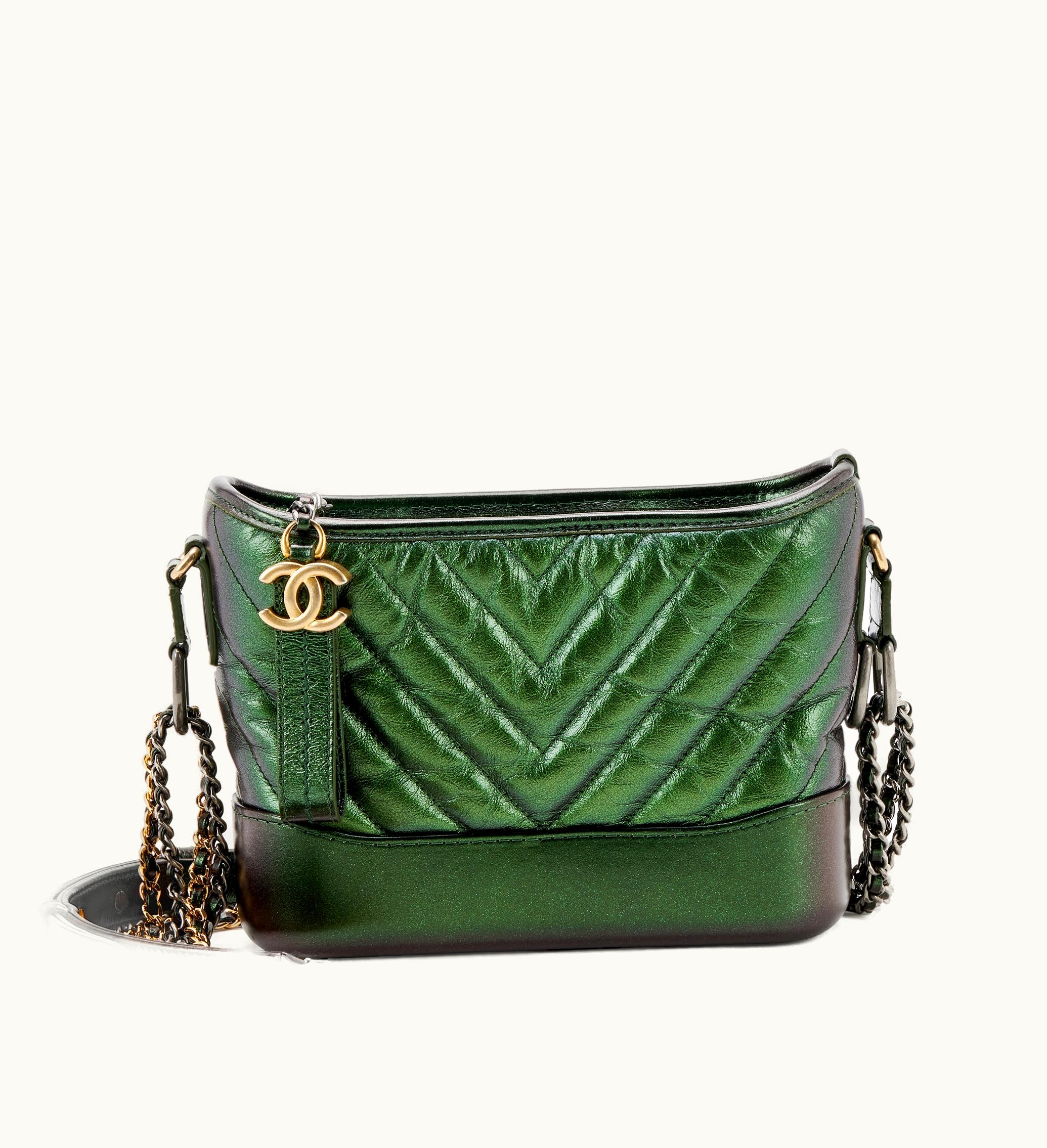 Chanel Chanel Aged Calfskin Small Gabrielle Hobo in Metallic Green Chevron, adorned with Gold and Ruthenium Hardware, year 2019