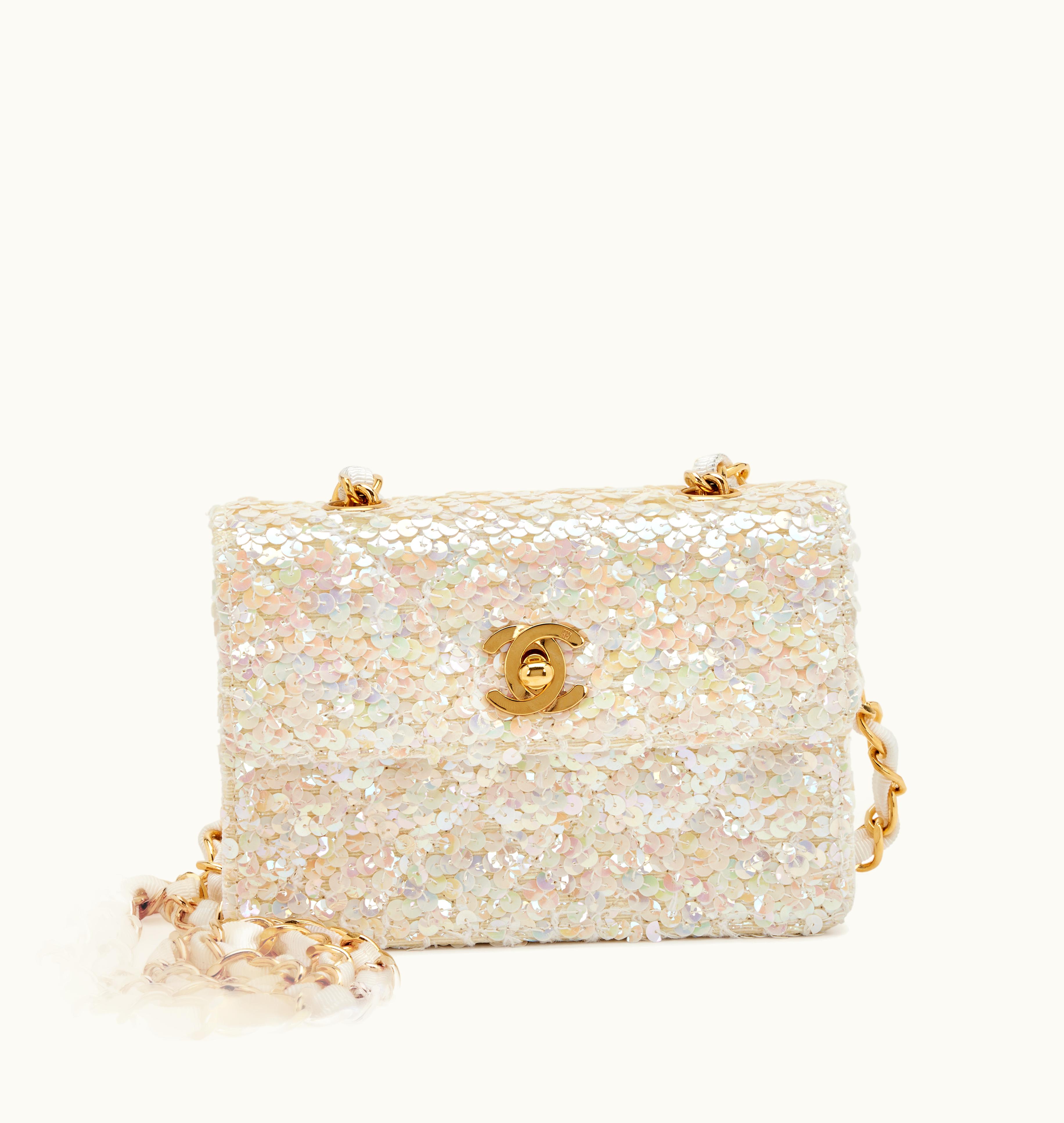 Chanel Chanel 1990 Iridescent Sequin Mini Flap Bag with Gold Hardware, crafted in Ivory Canvas
