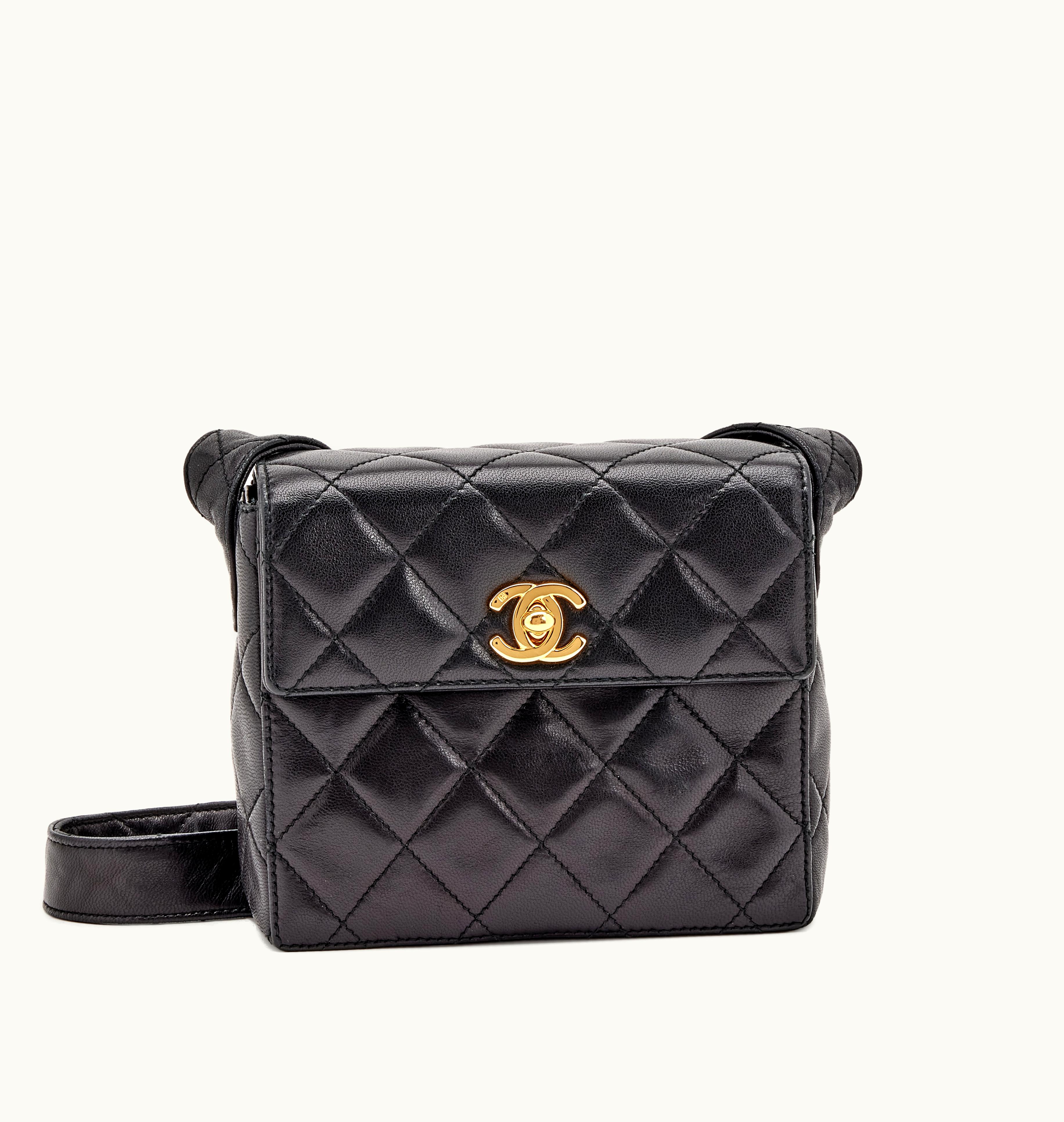 Chanel Chanel Mini Vanity Mirror Train Case - Black Quilted Lambskin with Flap and Gold Hardware, 1996-1997