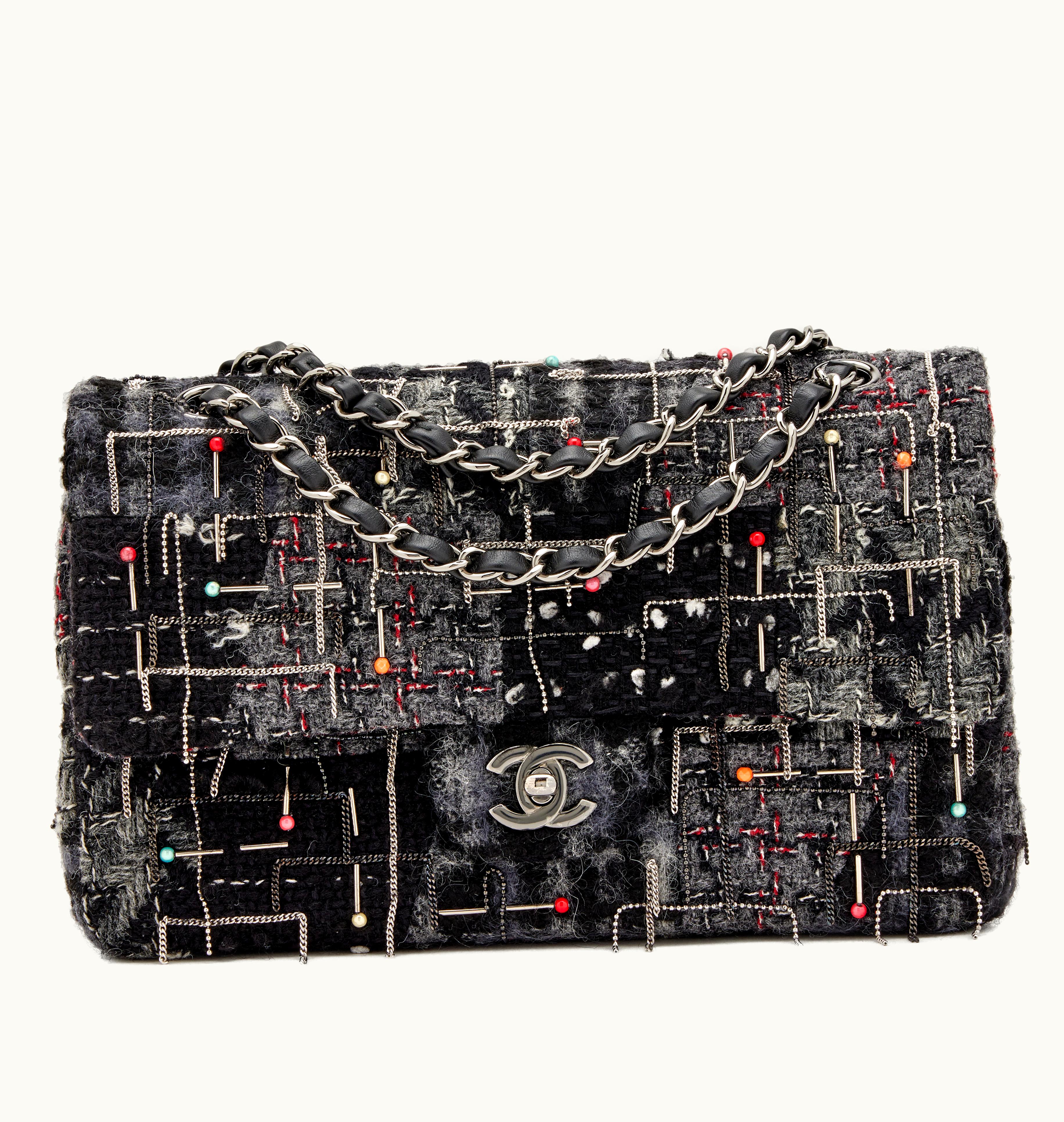 Chanel Chanel Grey, Black, and Red Embellished Chains and Beads Wool Tweed Medium Classic Double Flap Ruthenium Hardware, 2016