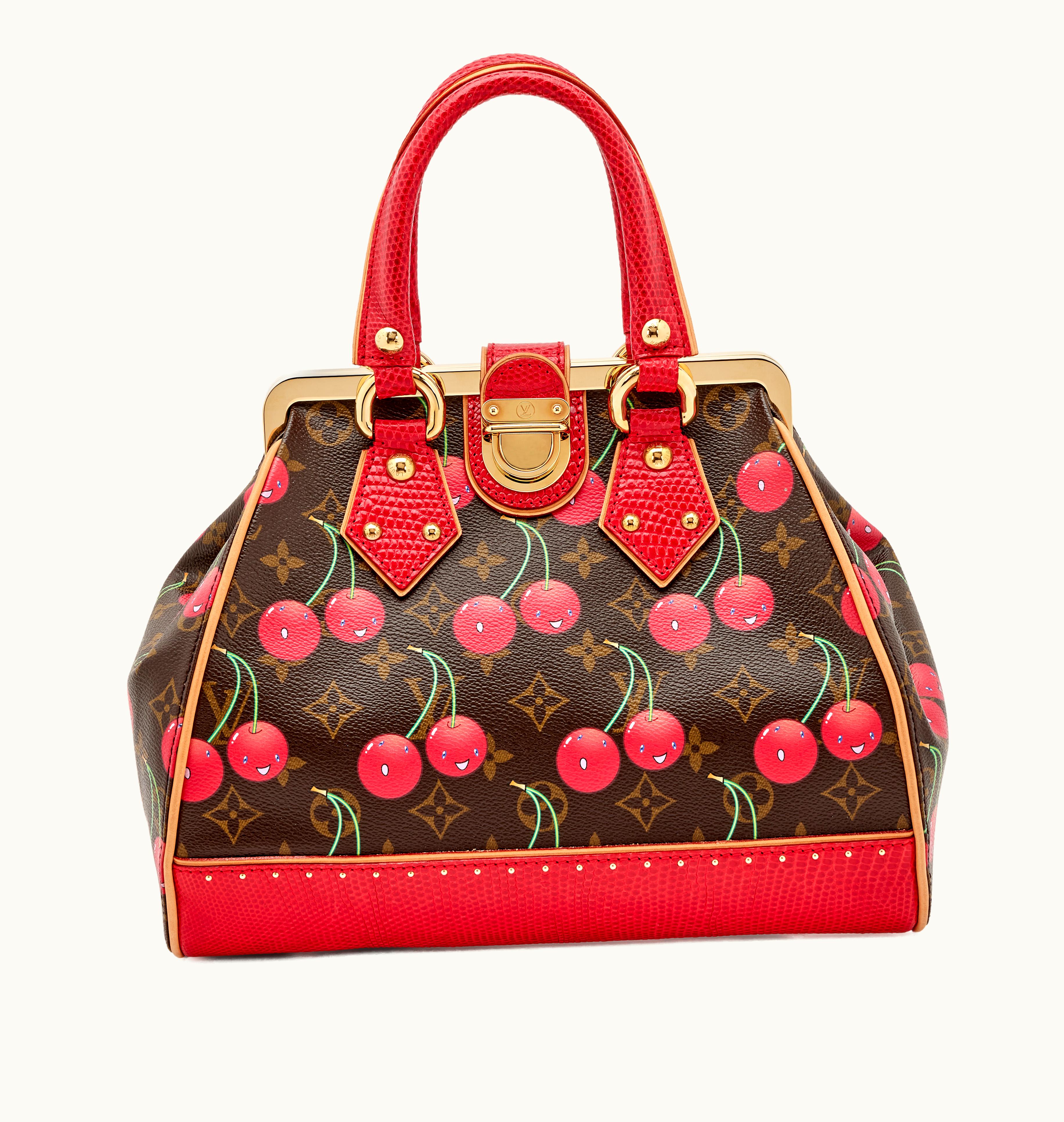 Louis Vuitton Louis Vuitton Takashi Murakami Red Lizard Cerises Monogram Canvas Sac Fermoir MM Bag Gold Hardware, 2005