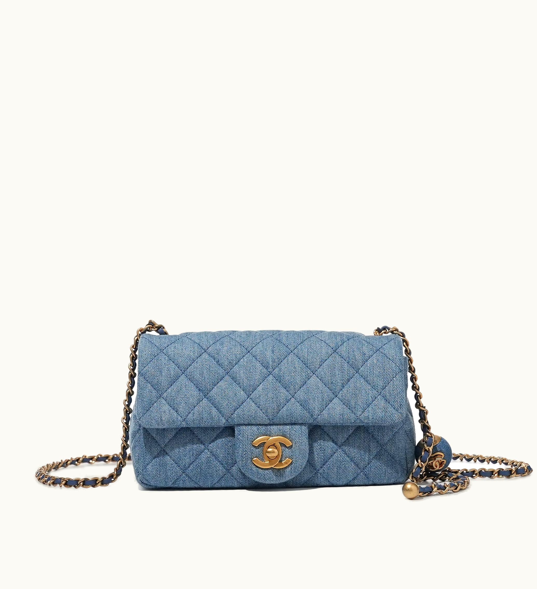 Chanel Chanel Mini Classic Flap Bag in Blue Quilted Denim with Pearl Crush, Featuring Brushed Gold Hardware, 2021