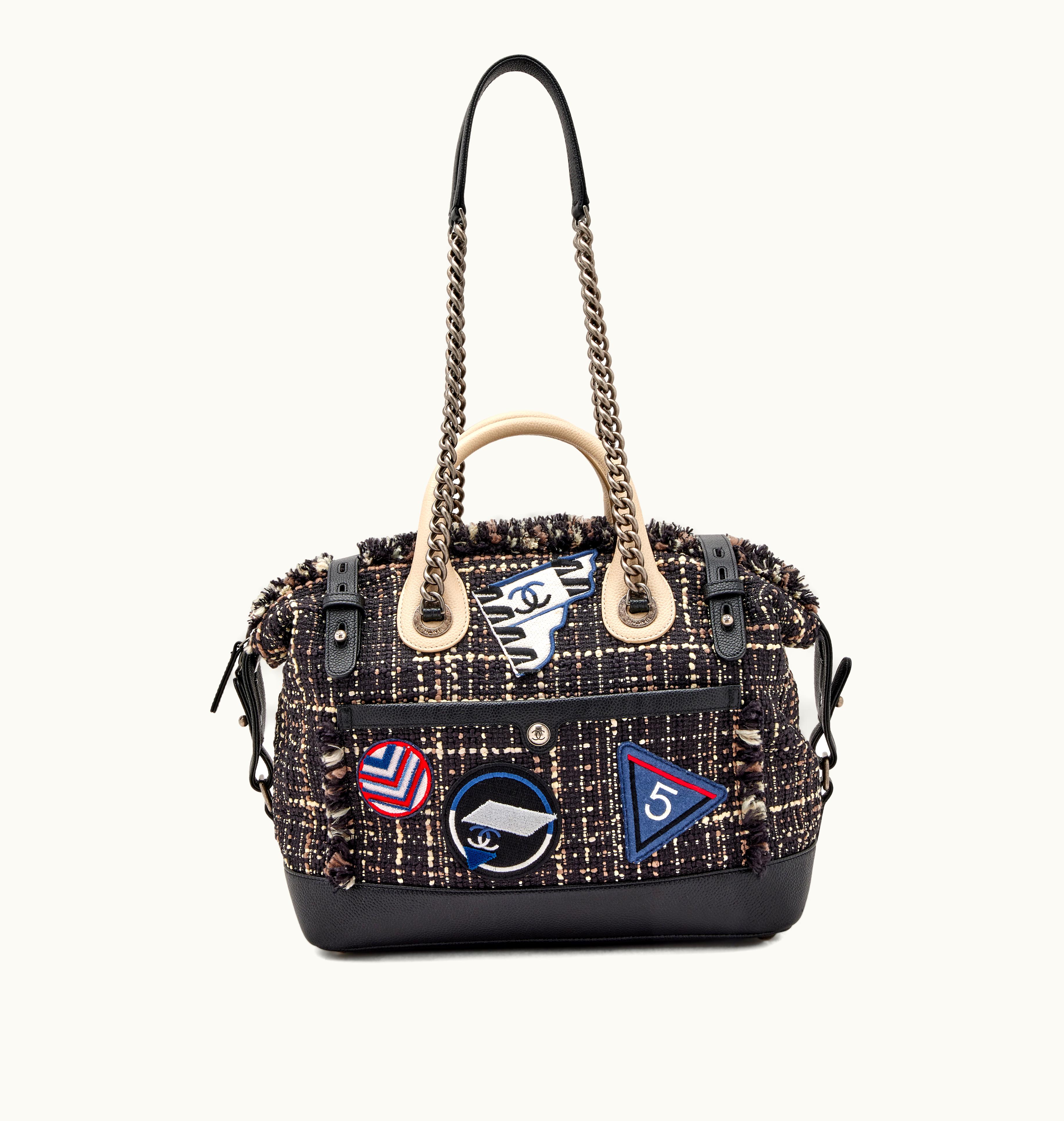 Chanel Chanel Black and Ivory Caviar and Multicolor Tweed Patch Embellished Airline Crest Trip Bowling Bag Ruthenium Hardware, 2016