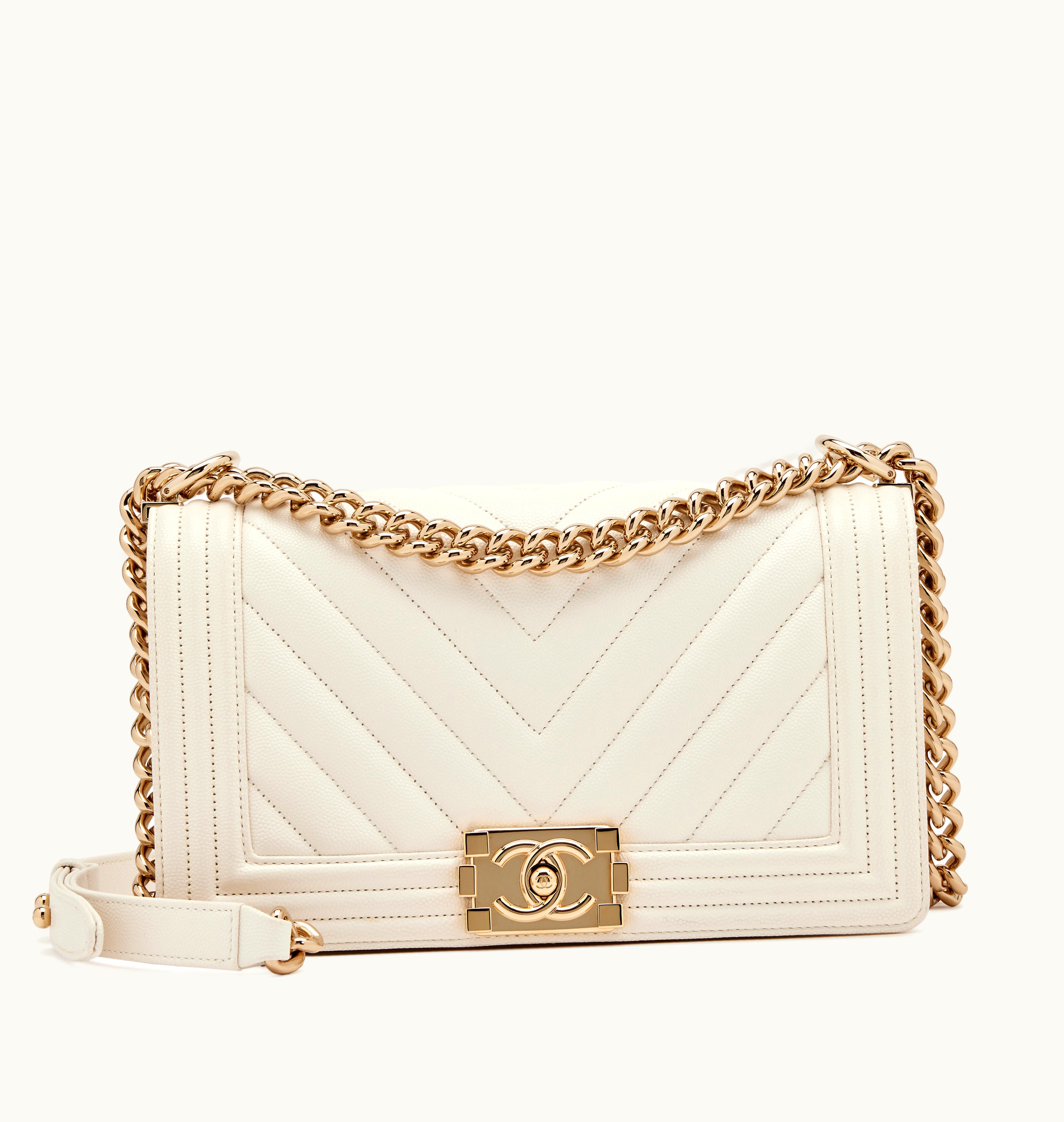 Chanel Chanel 2022 Chanel Old Medium Boy Bag, Light Gold Hardware in Cream White Chevron Quilted Caviar