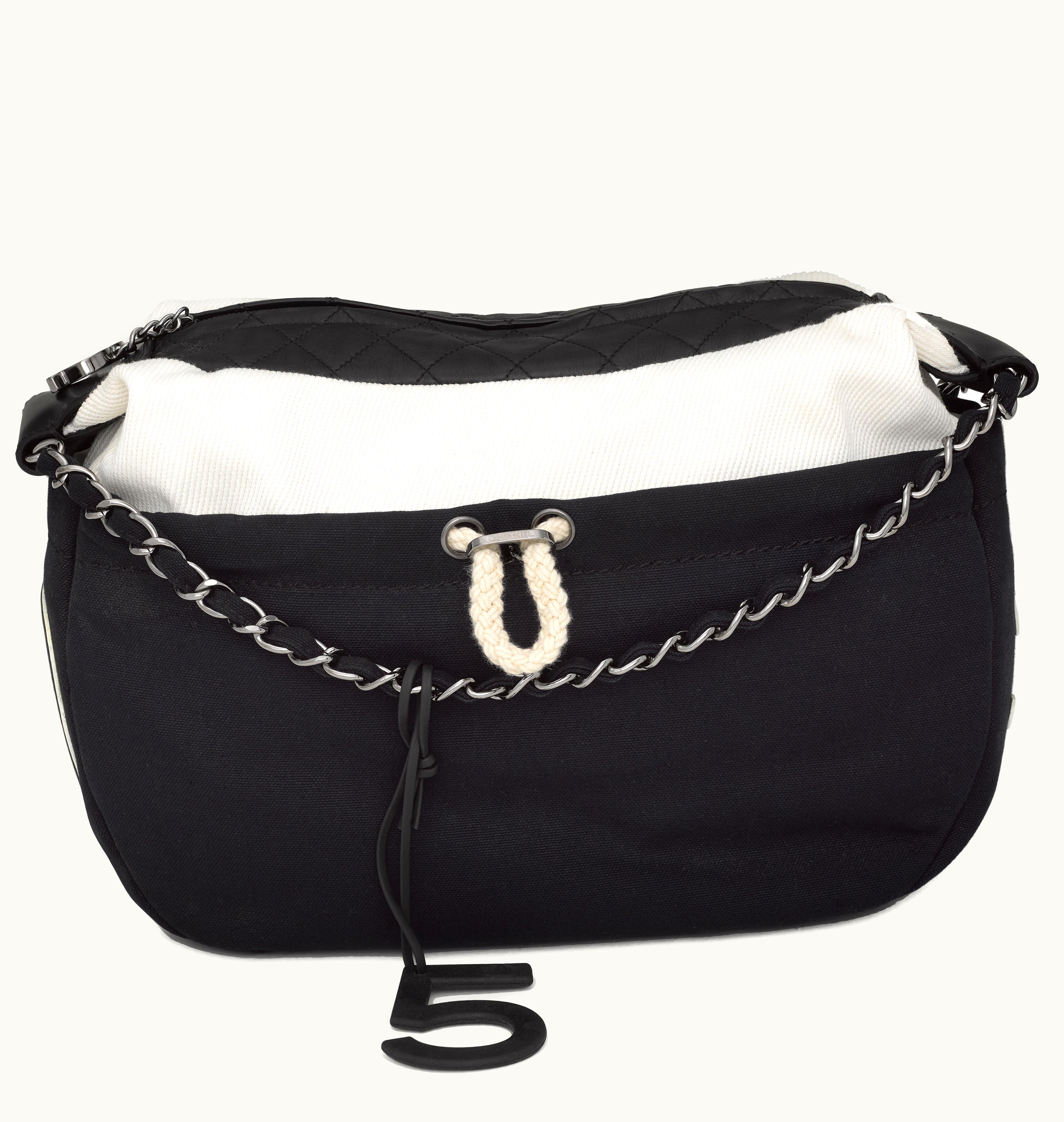 Chanel Chanel Black Quilted Lambskin, Navy and White Cotton Cruise Sailing Yacht Boating Pochette Hobo Sliver Hardware, 2004-05