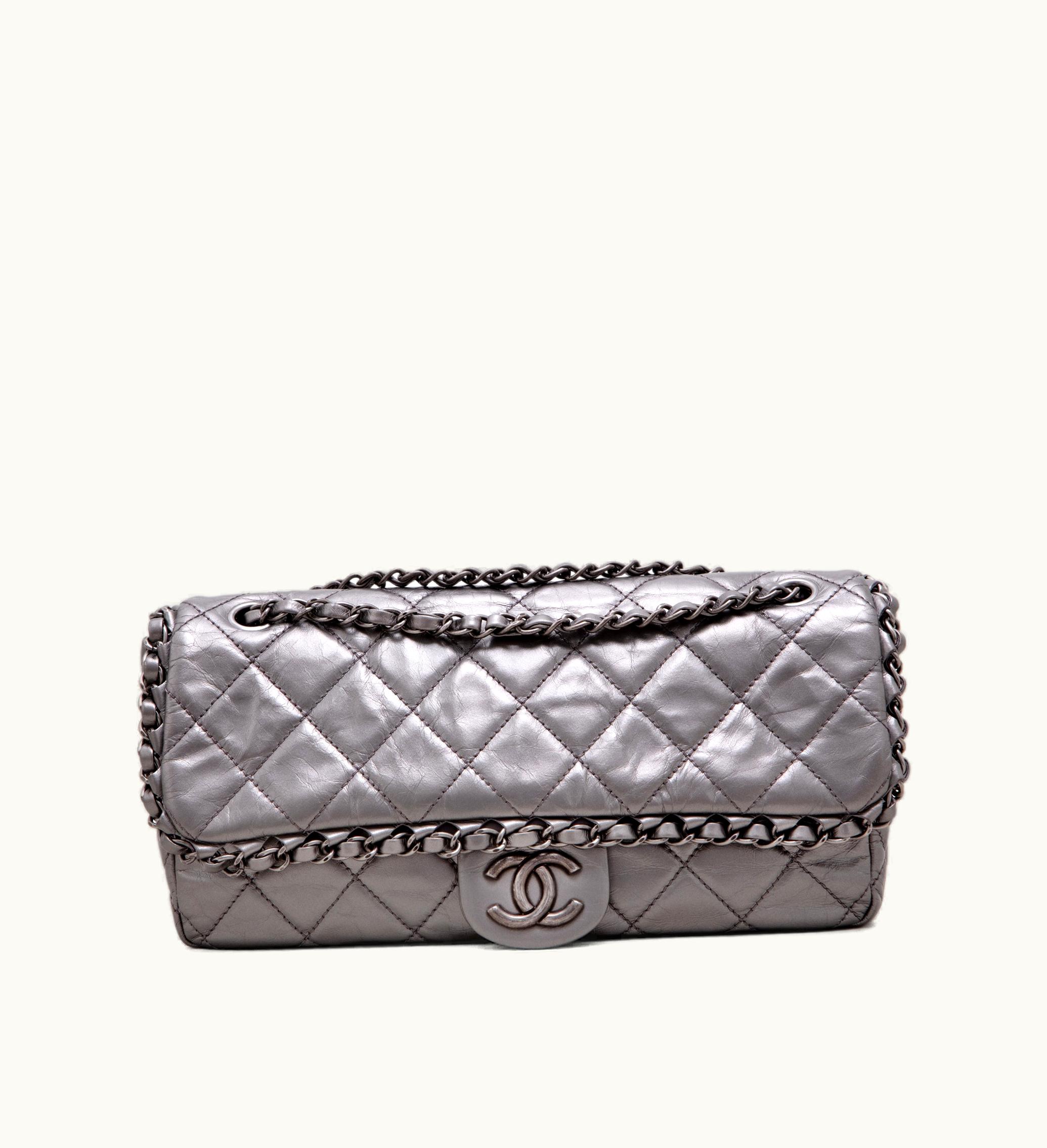 Chanel Chanel Silver Quilted Aged Calfskin Jumbo Chain Single Flap with Ruthenium Hardware, released in the year 2012