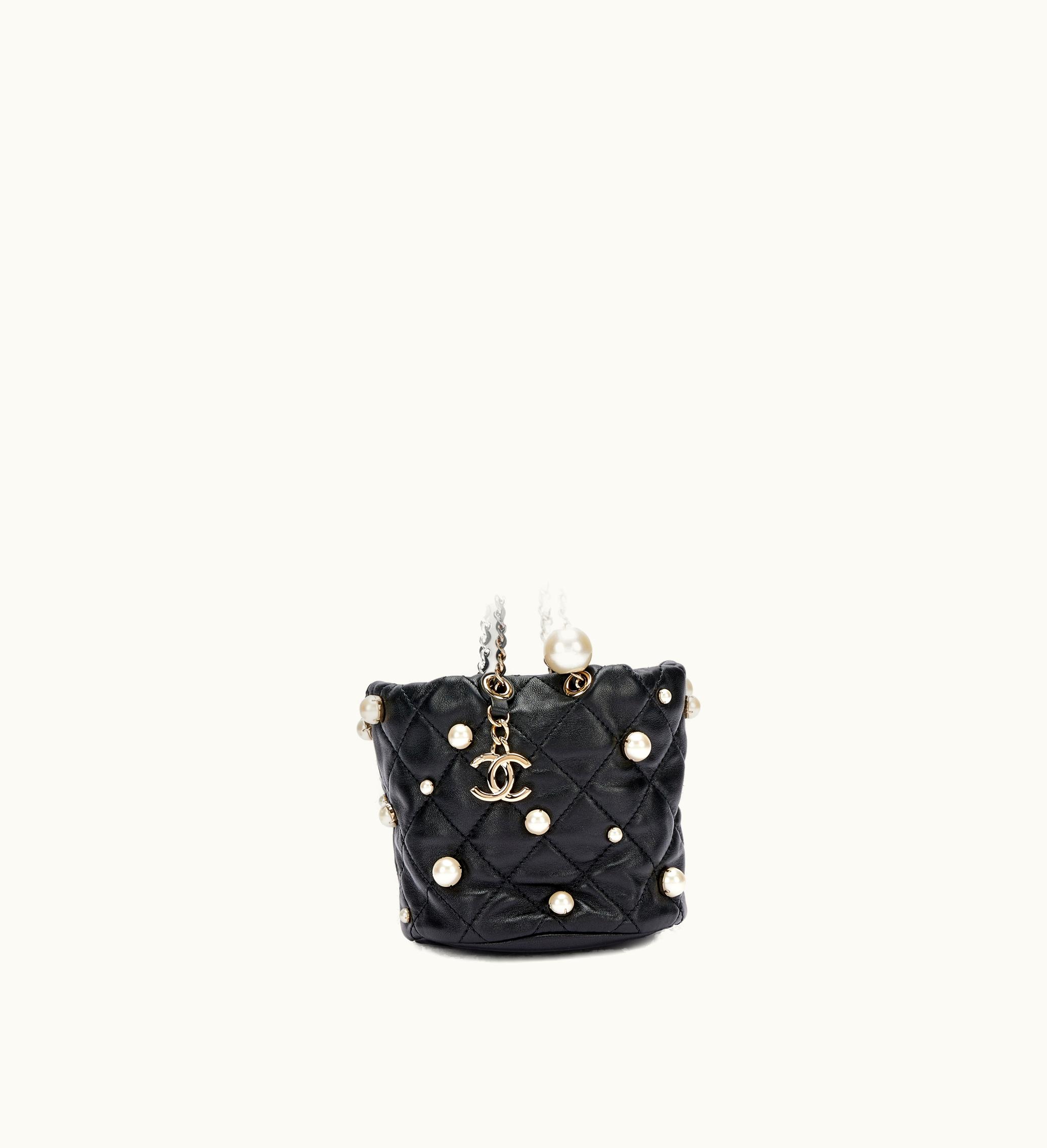Chanel Chanel Quilted Lambskin Bucket Bag in Black with Pale Gold Hardware and Pearls, 2021 Edition