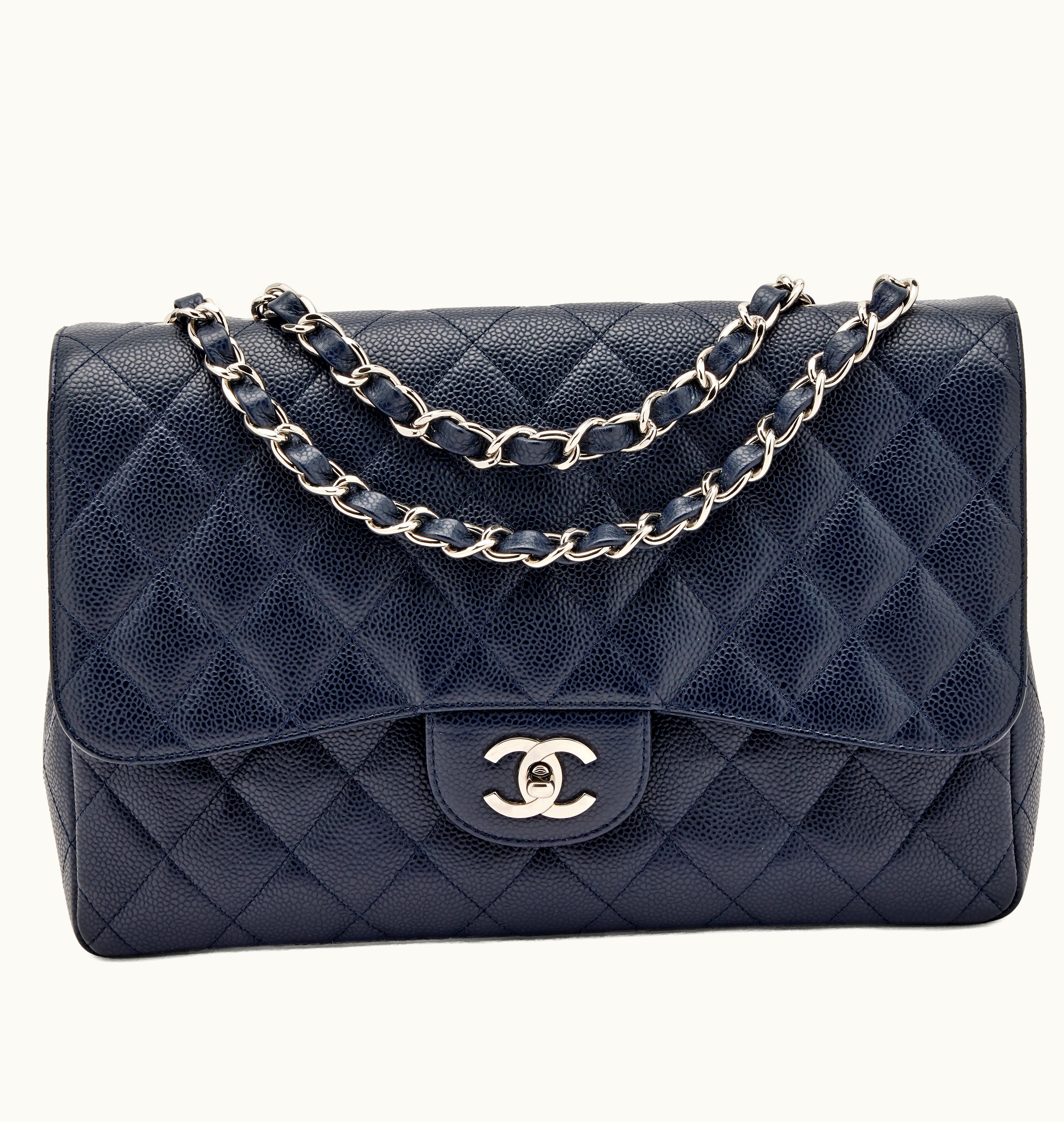 Chanel Chanel 2005-2006 Silver Hardware Chanel Quilted Caviar Classic Jumbo Single Flap in Dark Blue