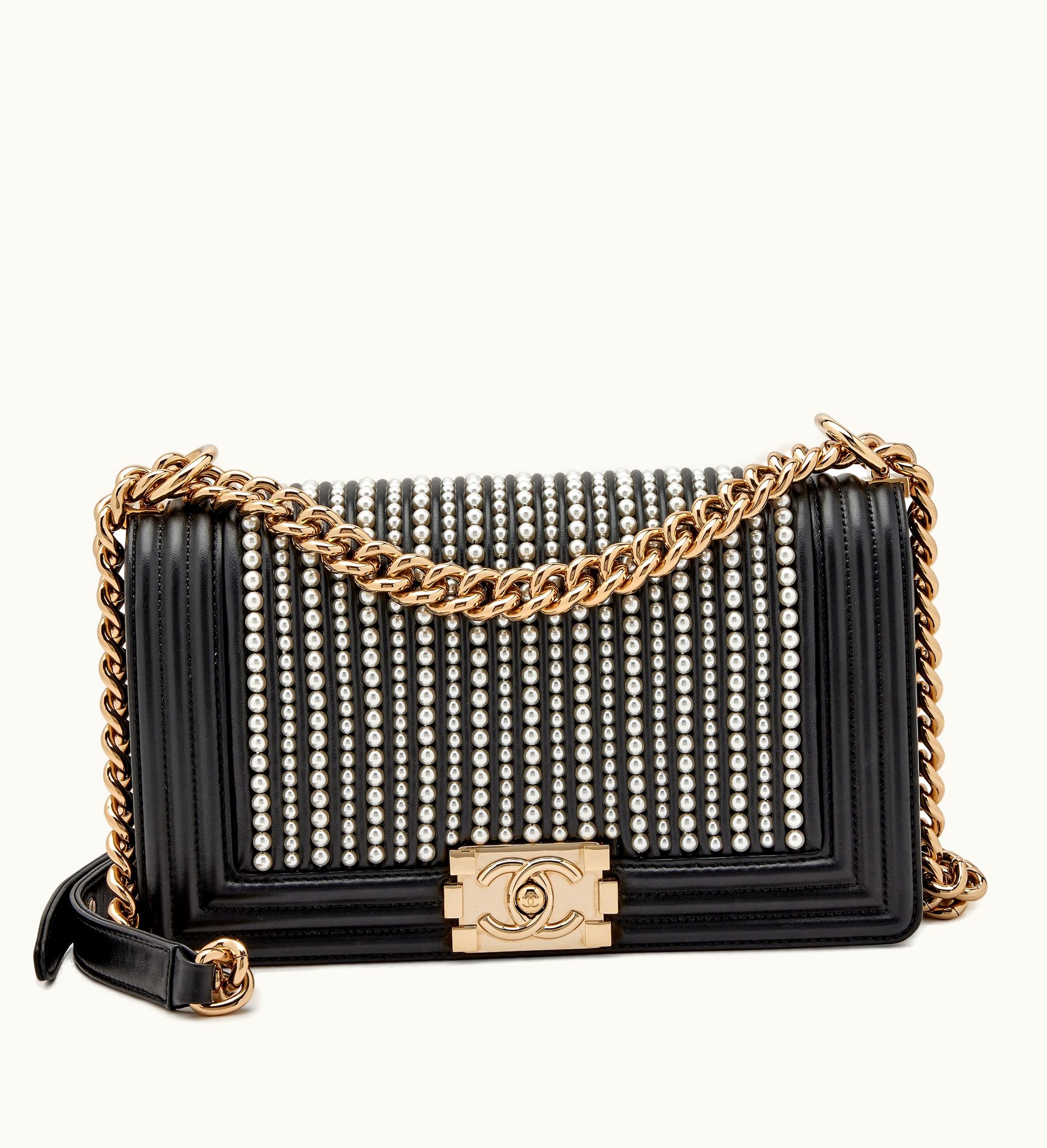 Chanel Chanel 2019 Chanel Old Medium Pearl Boy Bag with Light Gold Hardware in Black Vertical Quilted Calfskin