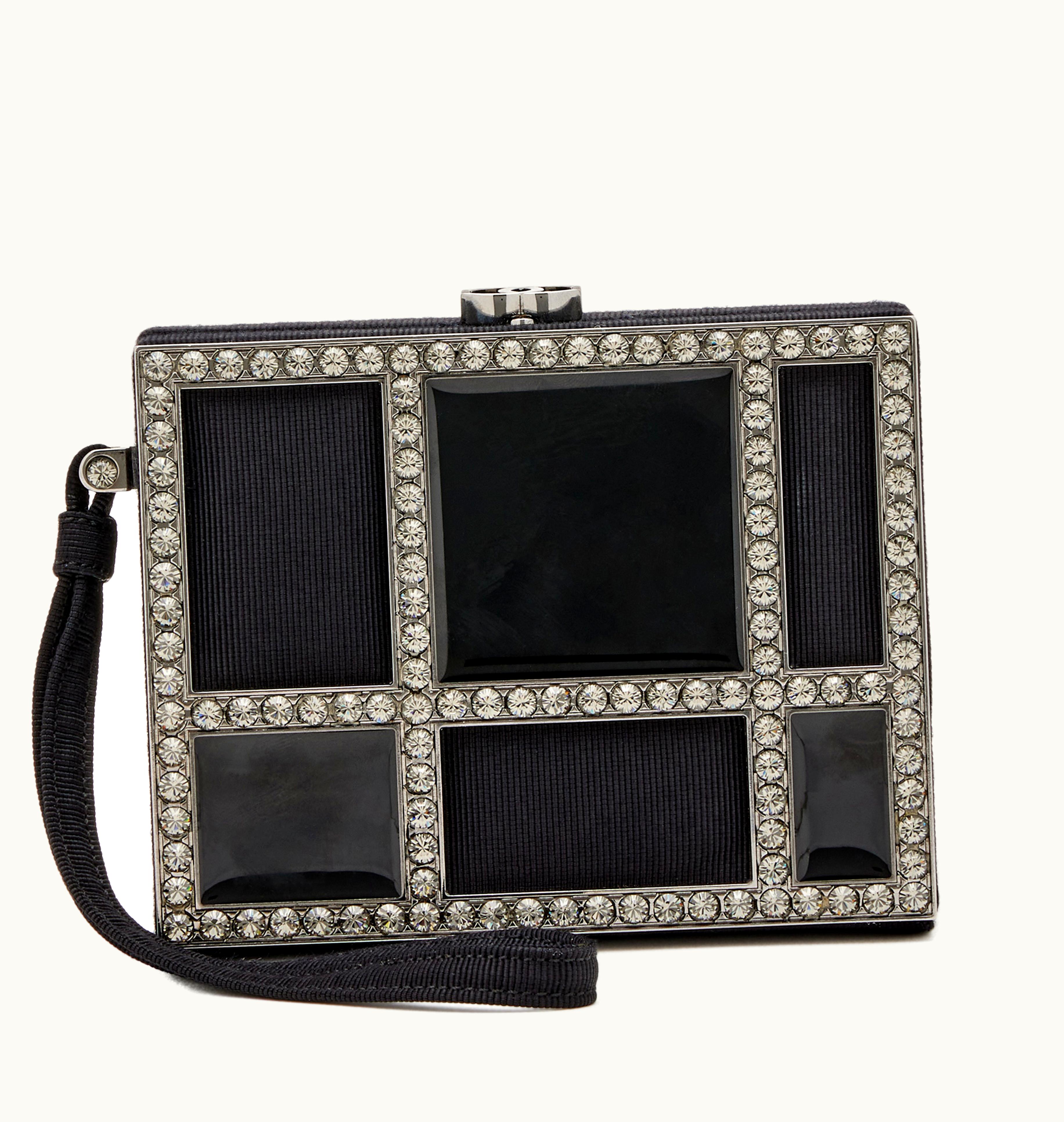 Chanel Chanel Silver Hardware 2005-2006 Minaudière Box Clutch with Black Cotton Piqué, Plexi, and Rhinestones