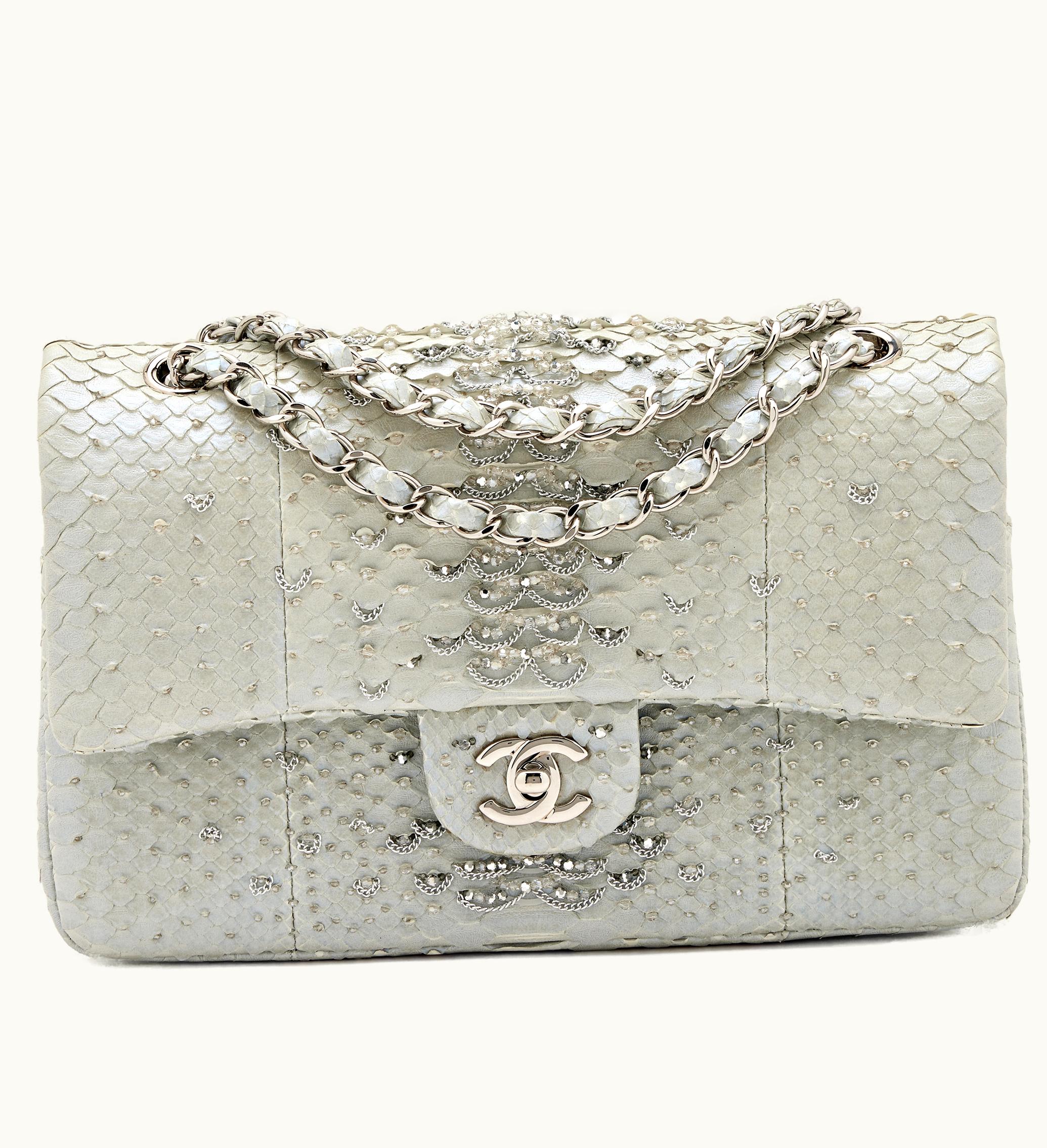 Chanel Chanel Light Grey and Blue Iridescent Python Crystal and Chain Embellished Medium Classic Double Flap Silver Hardware, 2012