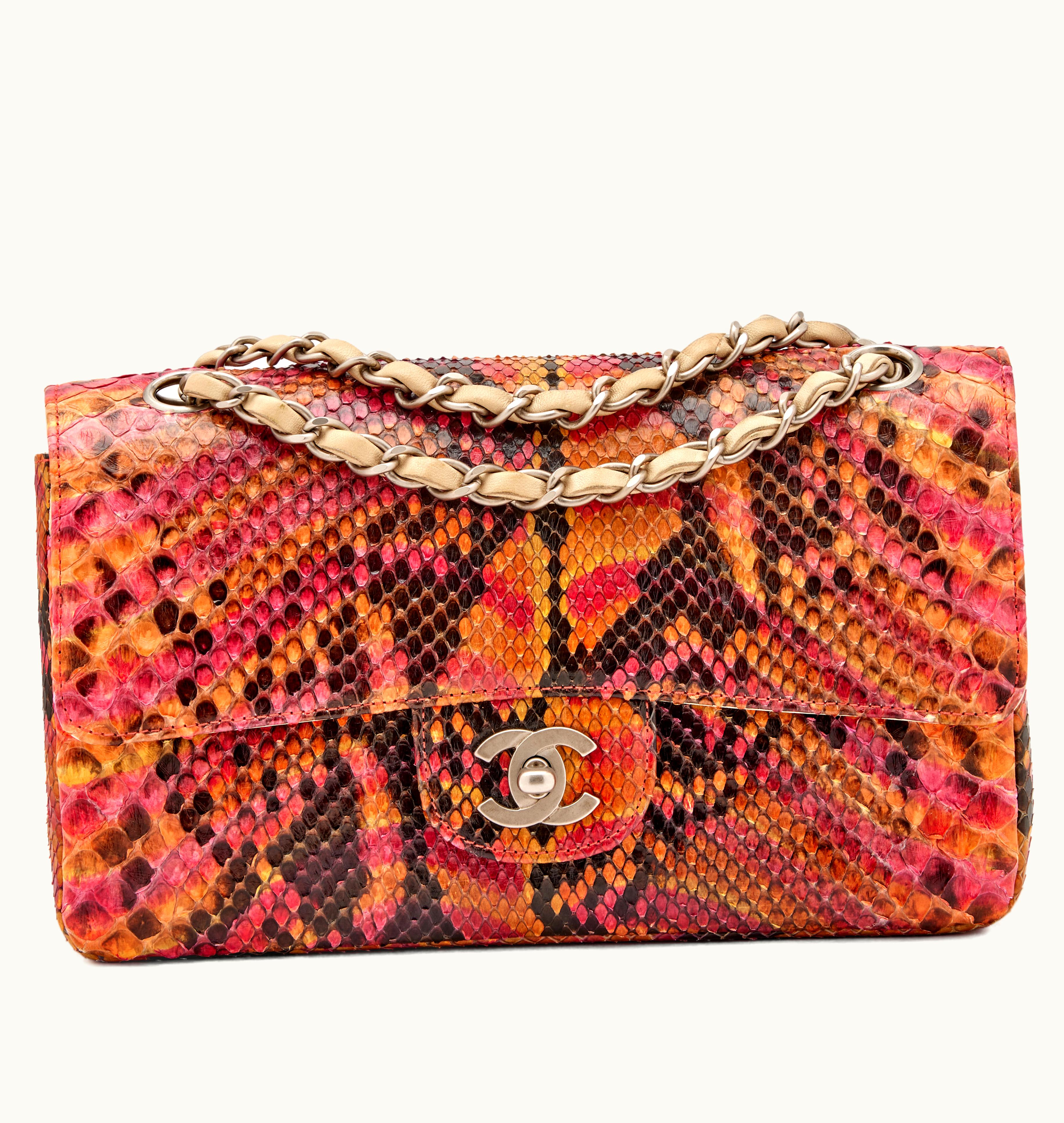 Chanel Chanel Pink and Multicolor Python Small Classic Double Flap Brushed Silver Hardware, 1997-1999