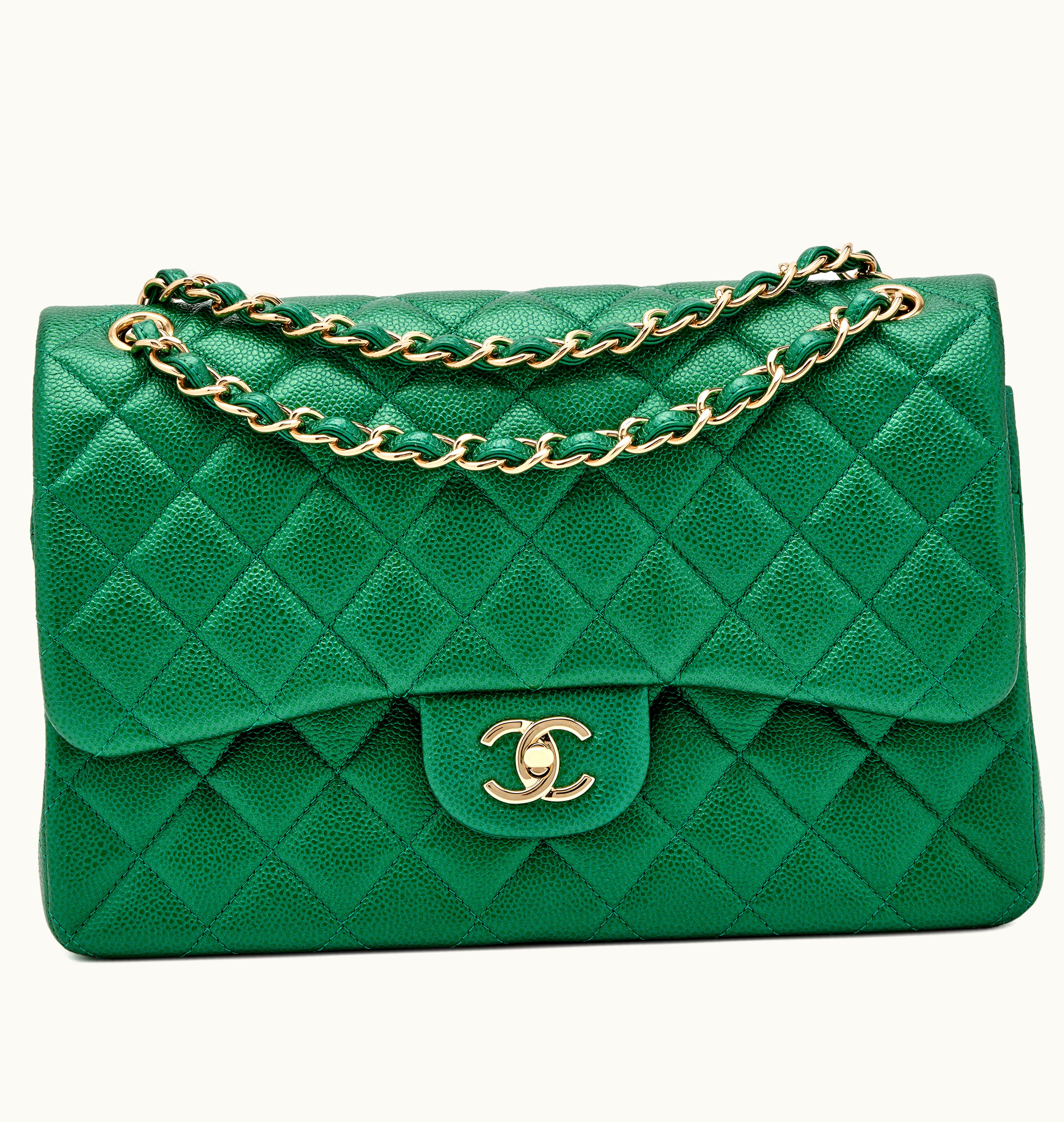 Chanel Chanel Metallic Pearl Green Quilted Caviar Jumbo Classic Double Flap Light Gold Hardware, 2019