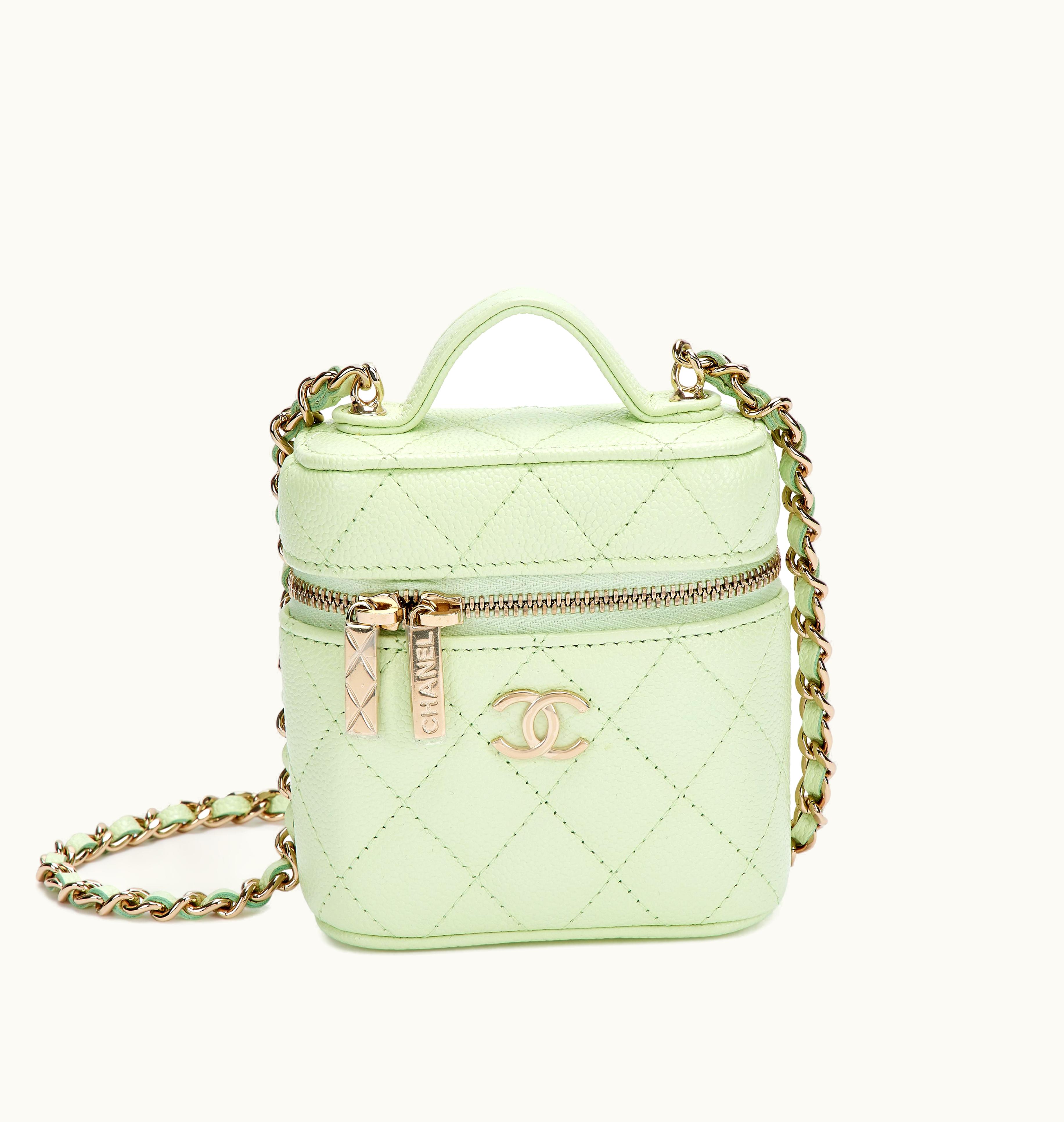 Chanel Chanel Light Green Chevron-Patterned Caviar Vanity Case with Pale Gold Accents, 2021
