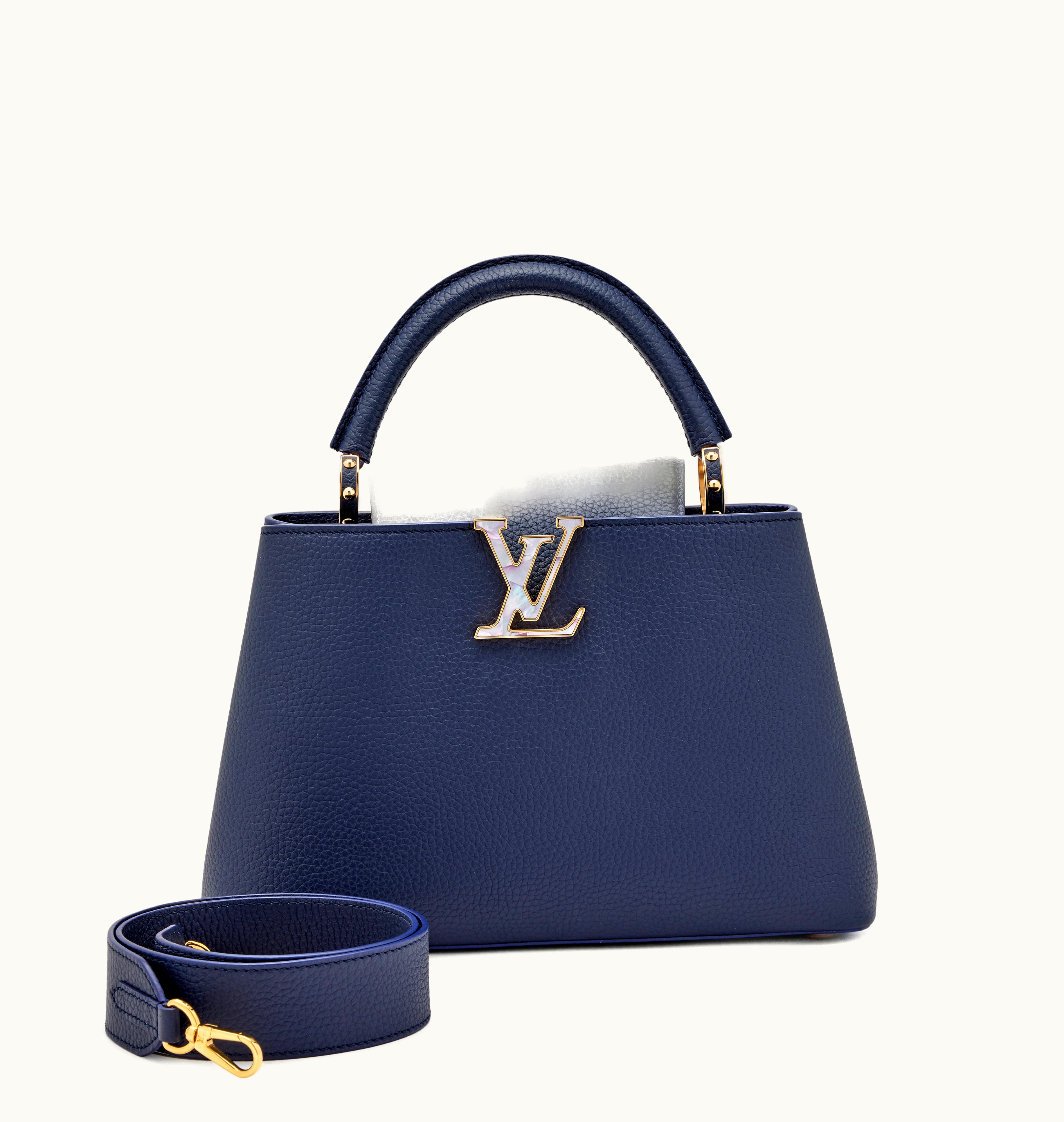 Louis Vuitton Louis Vuitton 2023's Louis Vuitton Capucines MM with Gold Hardware - Taurillon Marble Enamel in Midnight Blue