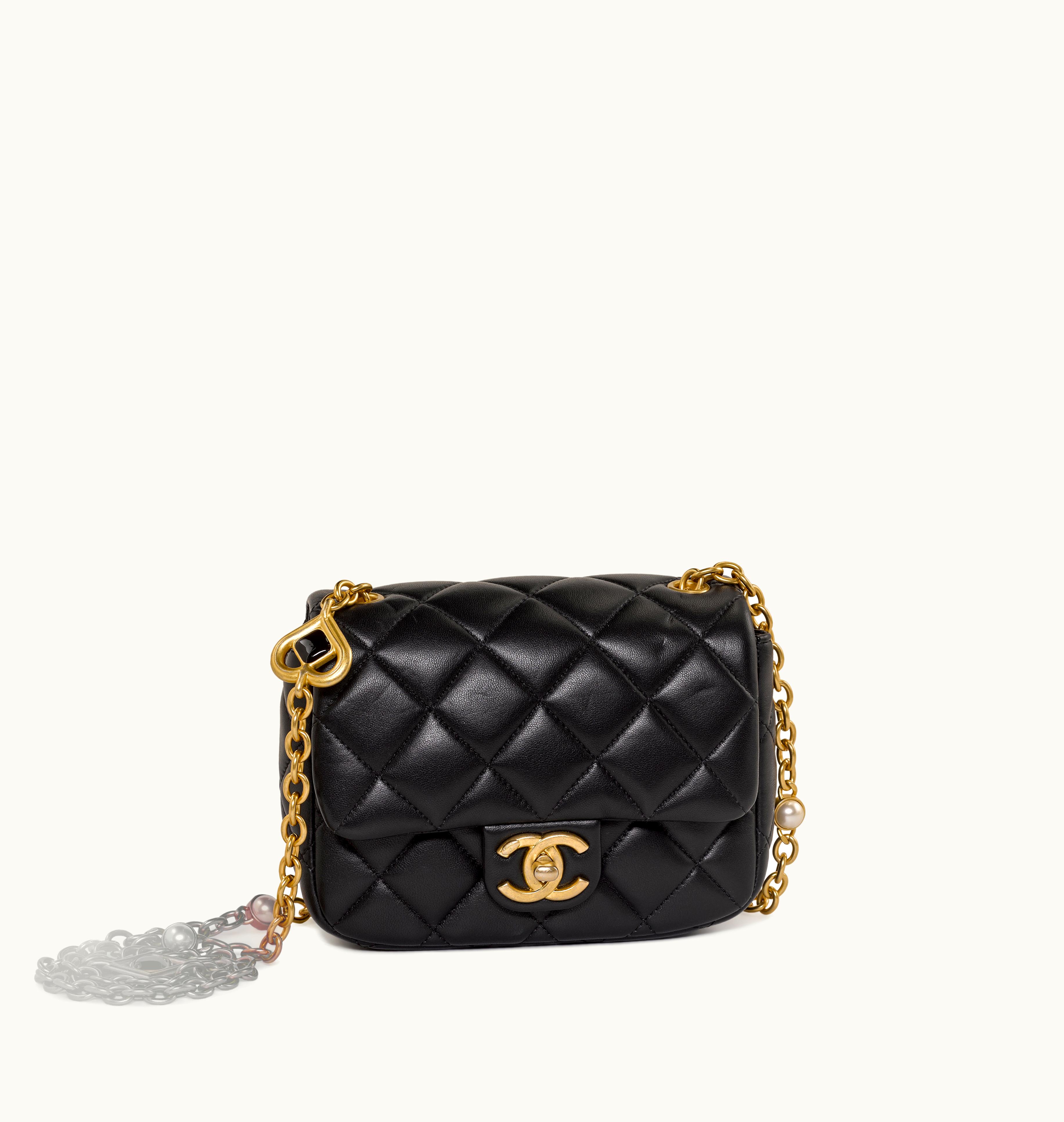 Chanel Chanel Chanel Black Quilted Lambskin Mini Rectangular Gemstone and Imitation Pearl Heart Chain Classic Single Flap Gold Hardware, 2022