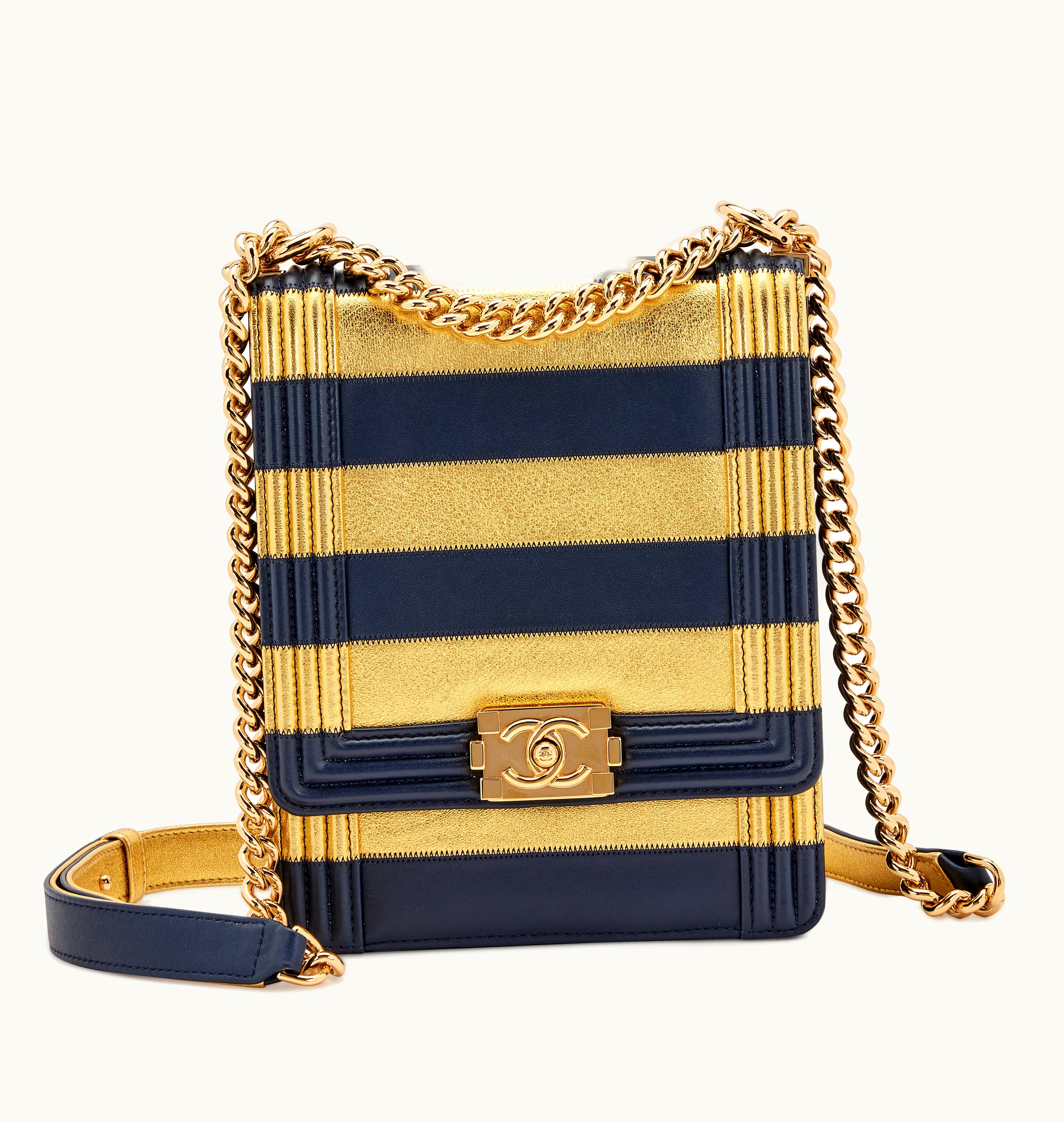Chanel Chanel Navy Blue and Metallic Gold Striped Lambskin Paris-New York North South Boy Flap Gold Hardware, 2019