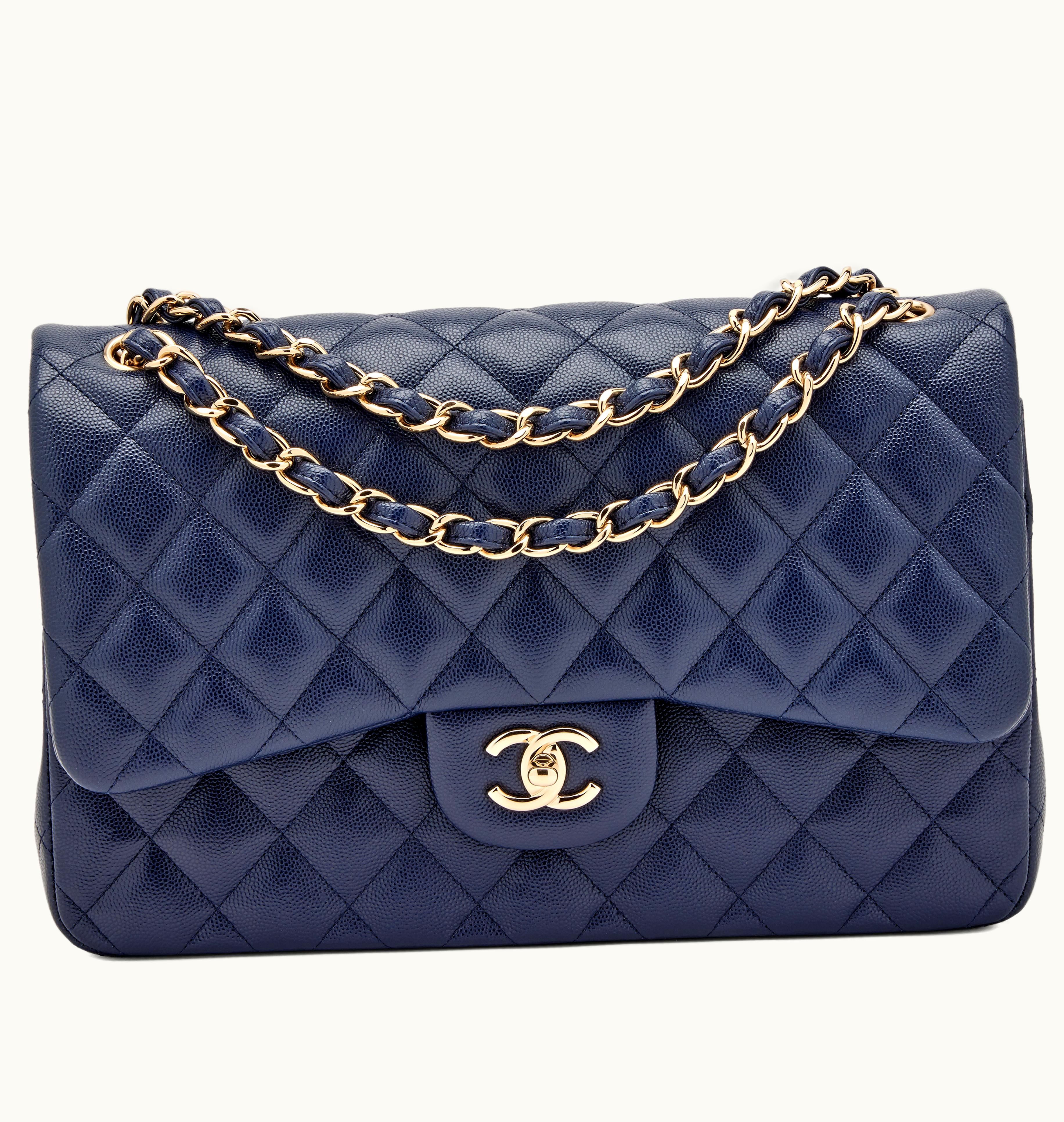 Chanel Chanel 2019 Chanel Jumbo Classic Double Flap Bag in Navy Blue Quilted Caviar with Pale Gold Hardware