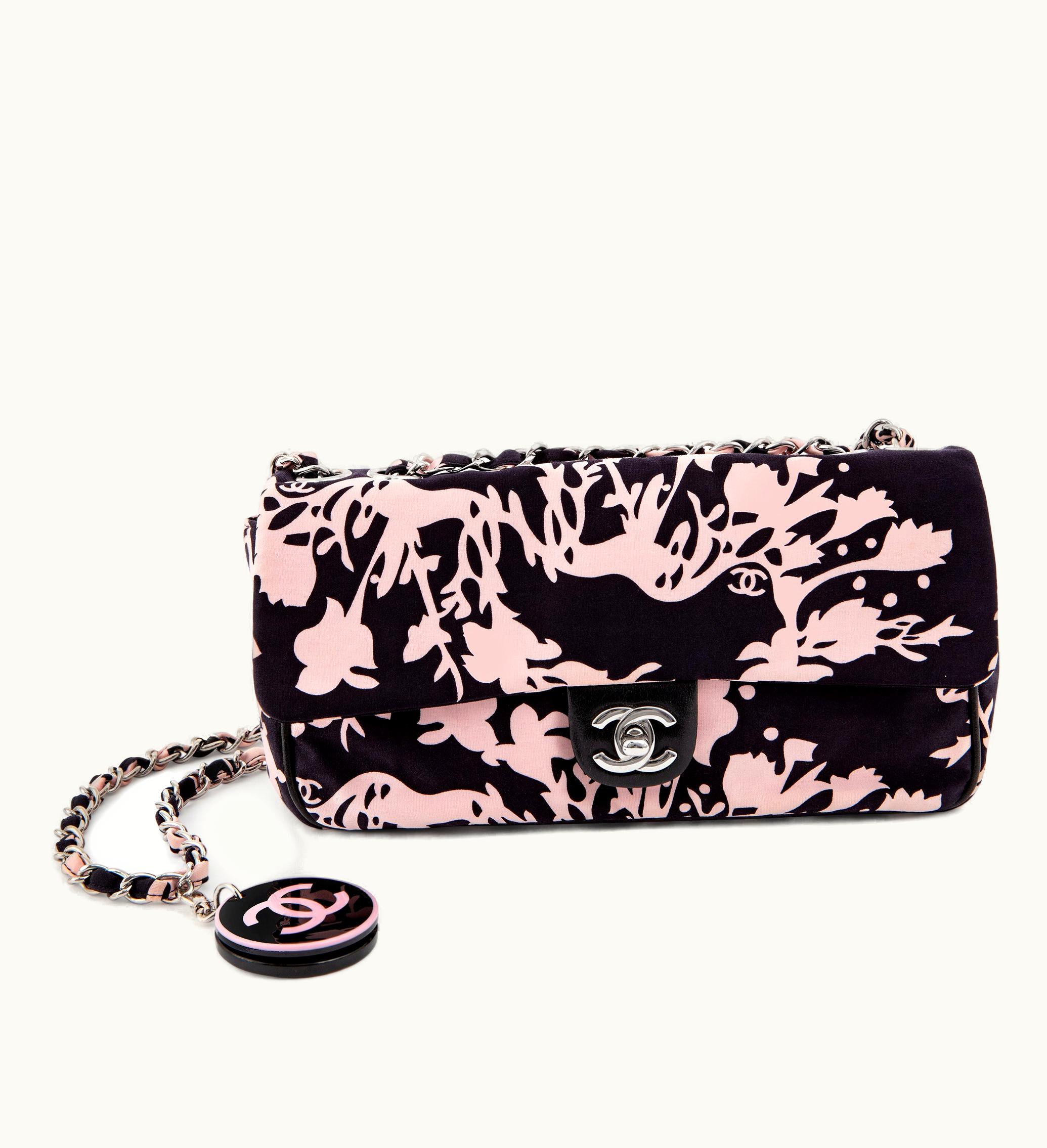 Chanel Chanel Black and Pink Printed Canvas East/West Classic Single Flap Bag Silver Hardware, 2005/2006