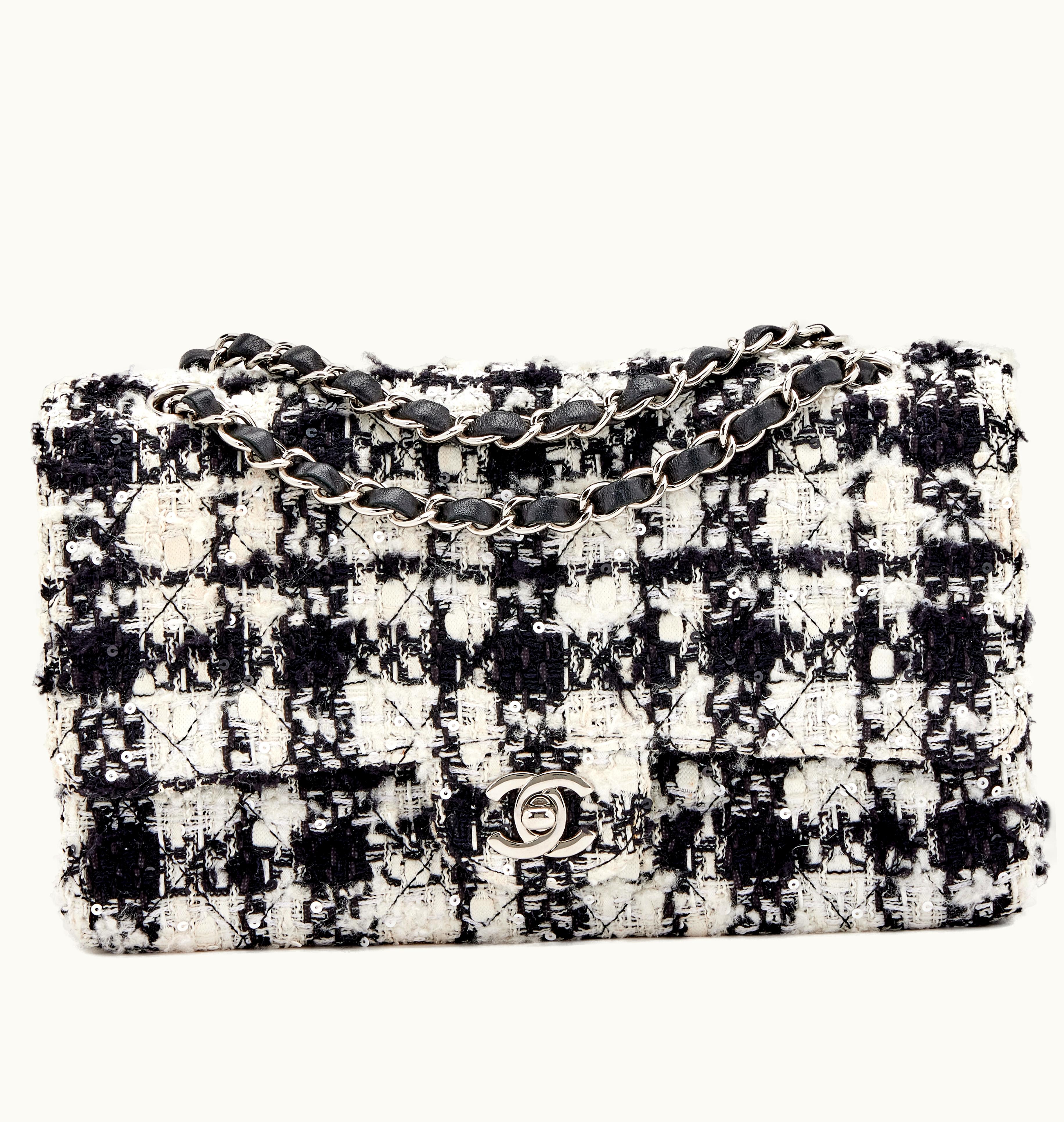 Chanel Chanel Quilted Tweed Medium Classic Double Flap with Silver Hardware in Black, Ecru, and White, circa 2005