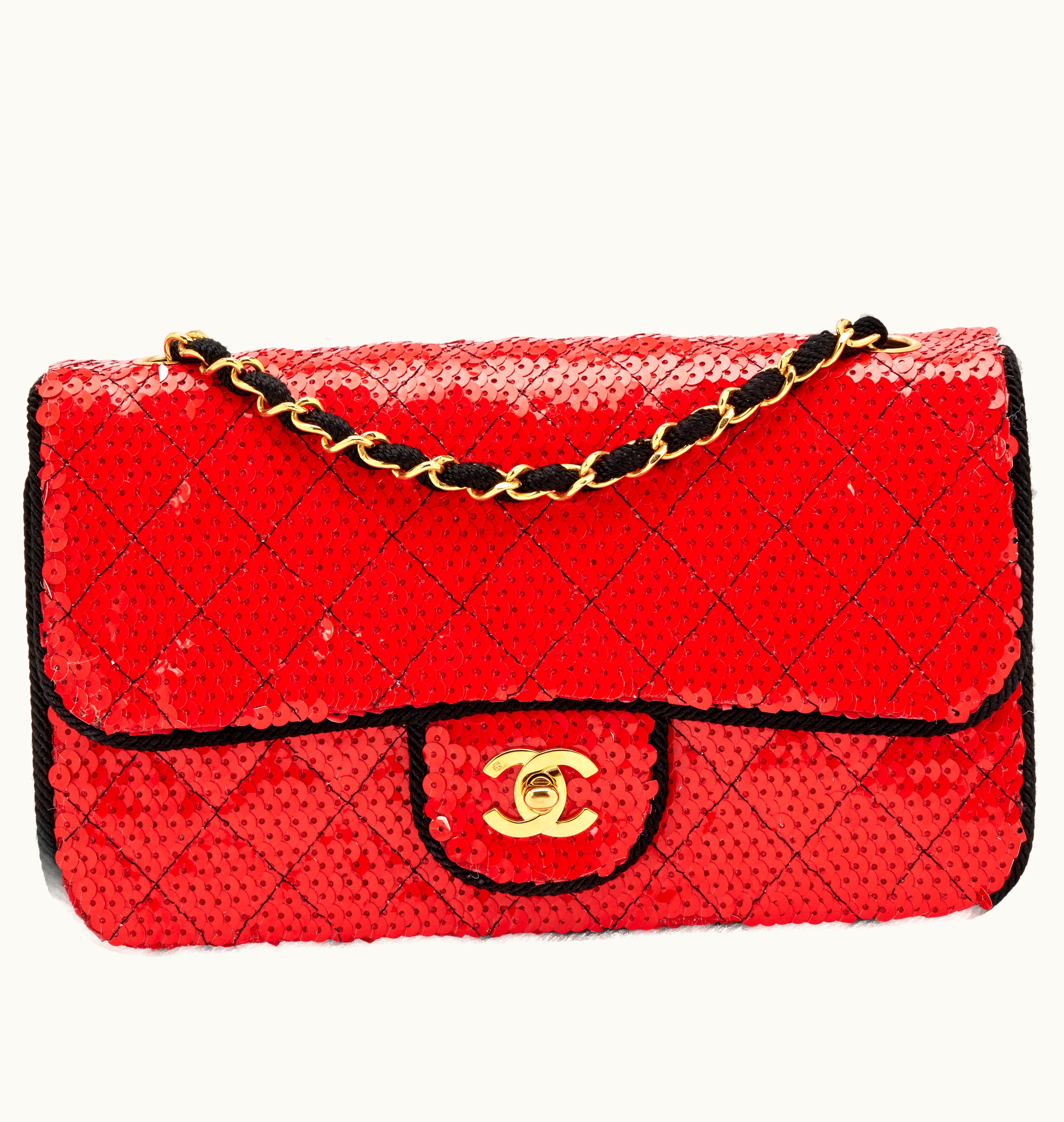 Chanel Chanel Red Sequin and Black Grosgrain Quilted Medium Single Flap Gold Hardware, 1989-1991
