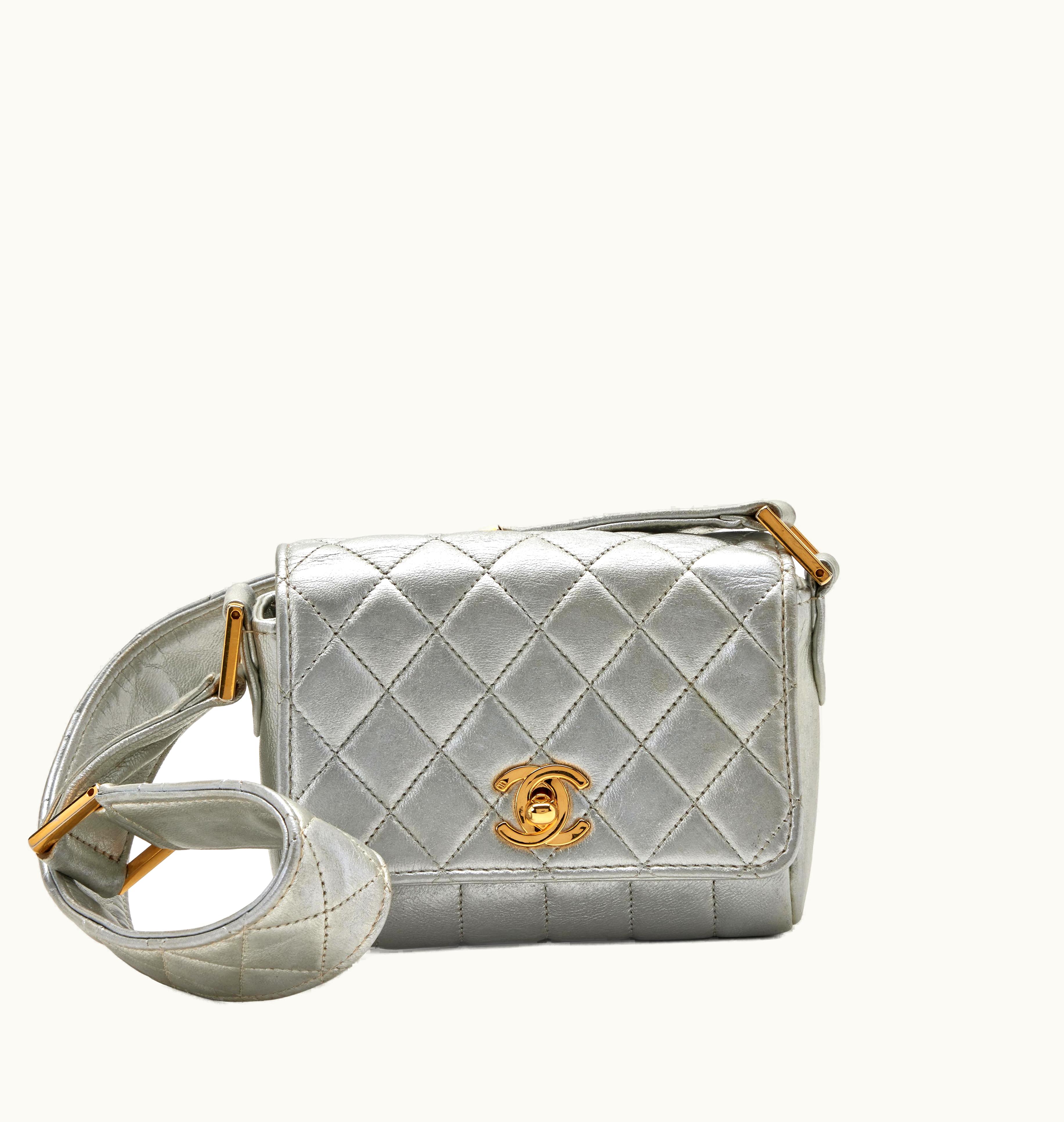 Chanel Chanel Mini Single Flap in Metallic Silver Quilted Lambskin with Gold Hardware, produced between 1989 and 1991