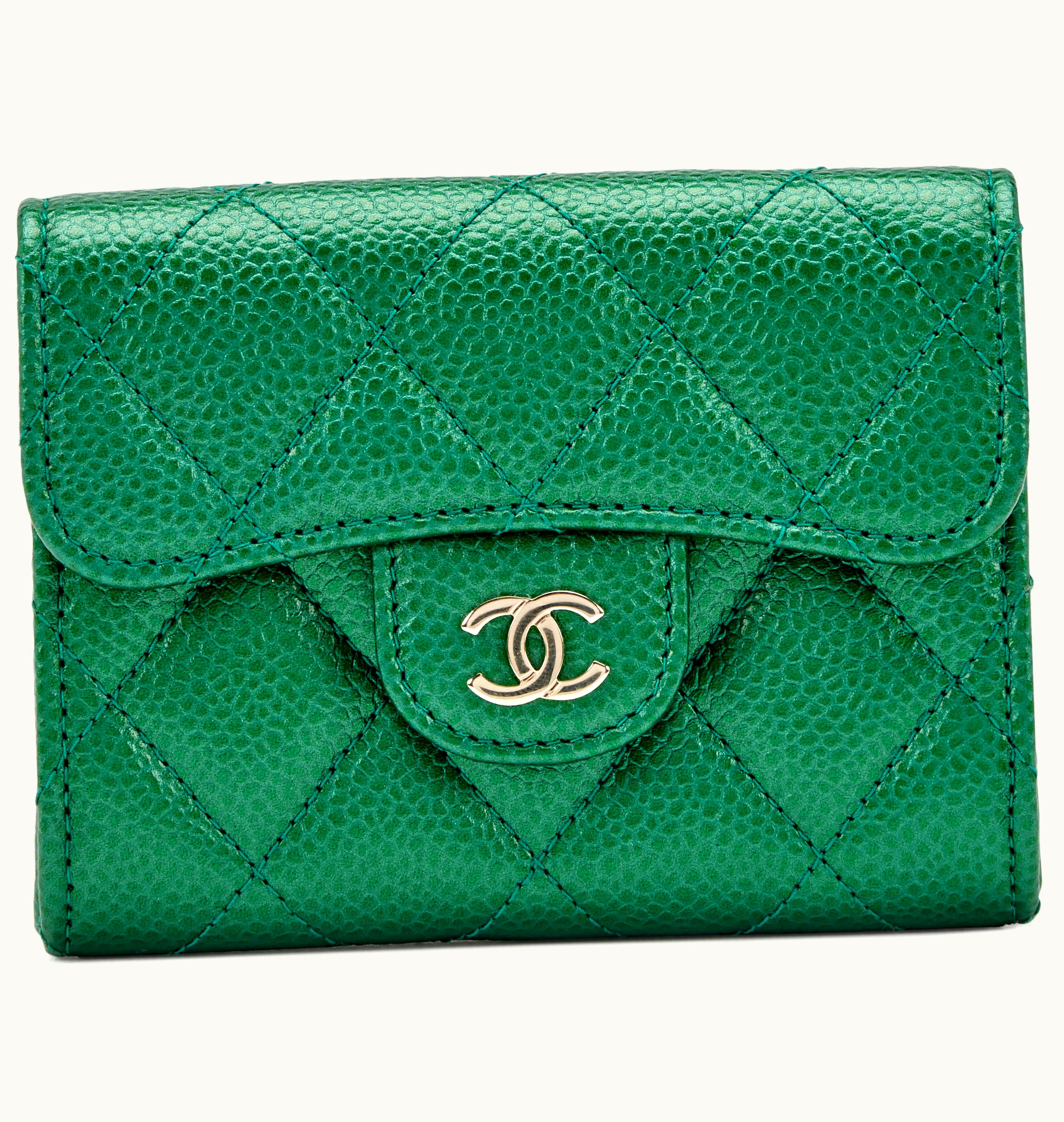 Chanel Chanel Metallic Green Quilted Caviar Classic Flap Card Holder Pale Gold Hardware, 2018
