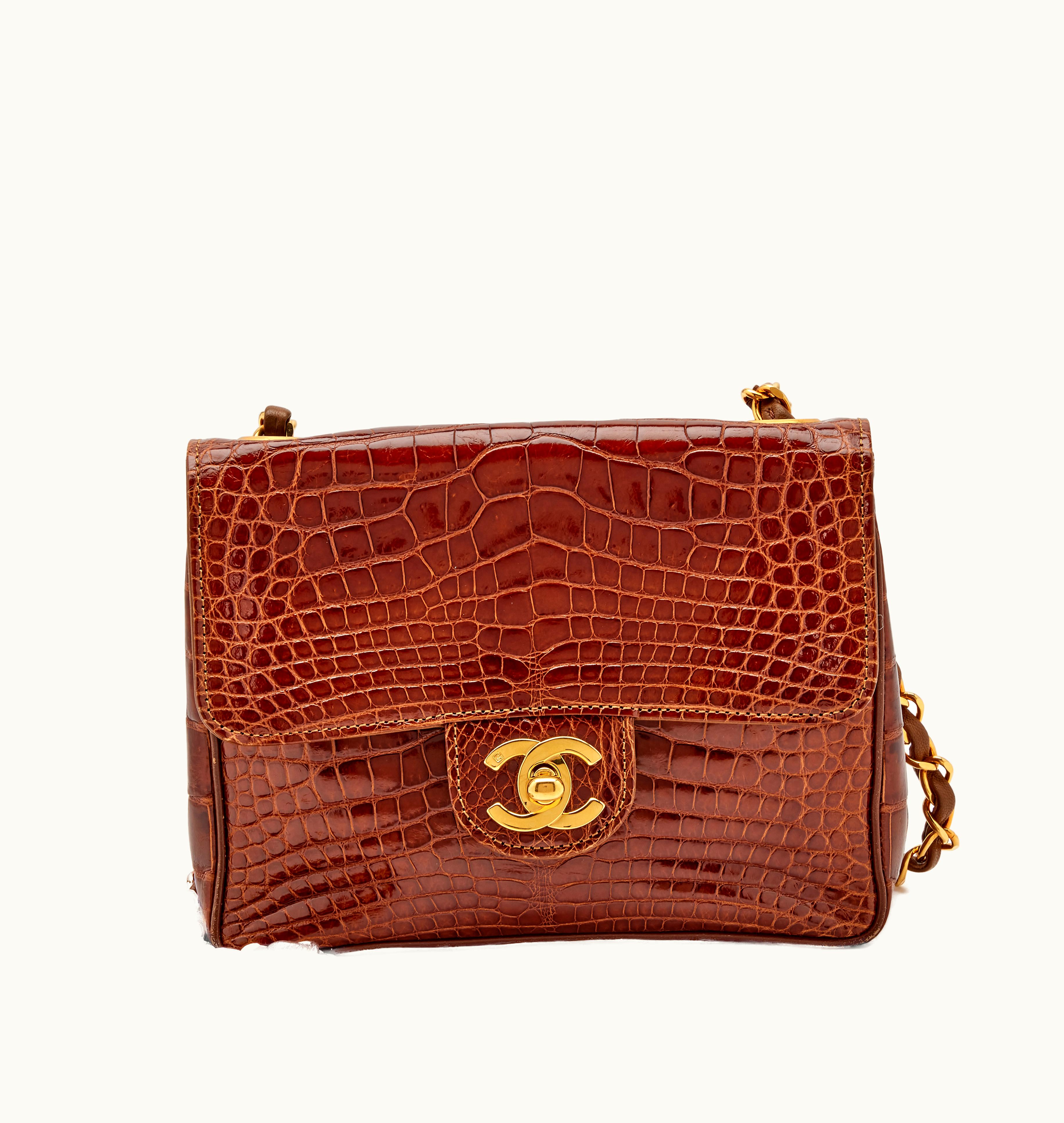 Chanel Chanel Mini Square Classic Flap in Caramel Brown Alligator with Gold Hardware, produced between 1991 and 1994