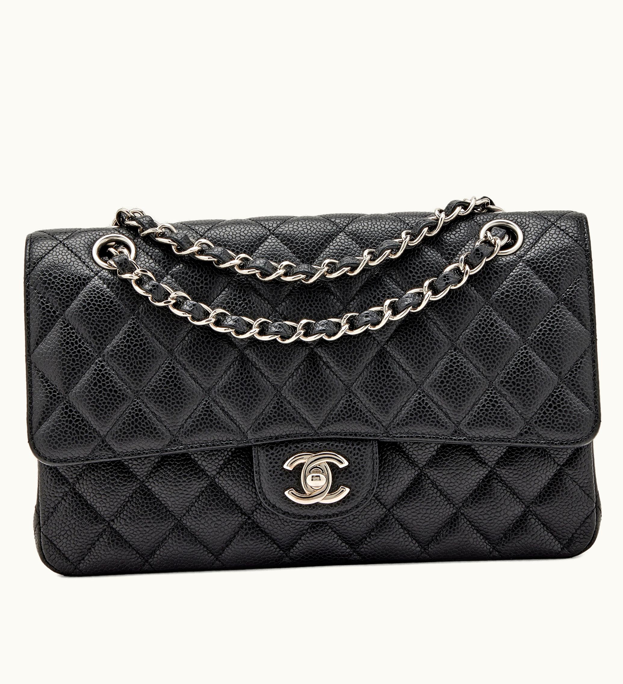 Chanel Chanel 2014 Chanel Medium Classic Double Flap Black Quilted Caviar Silver Hardware