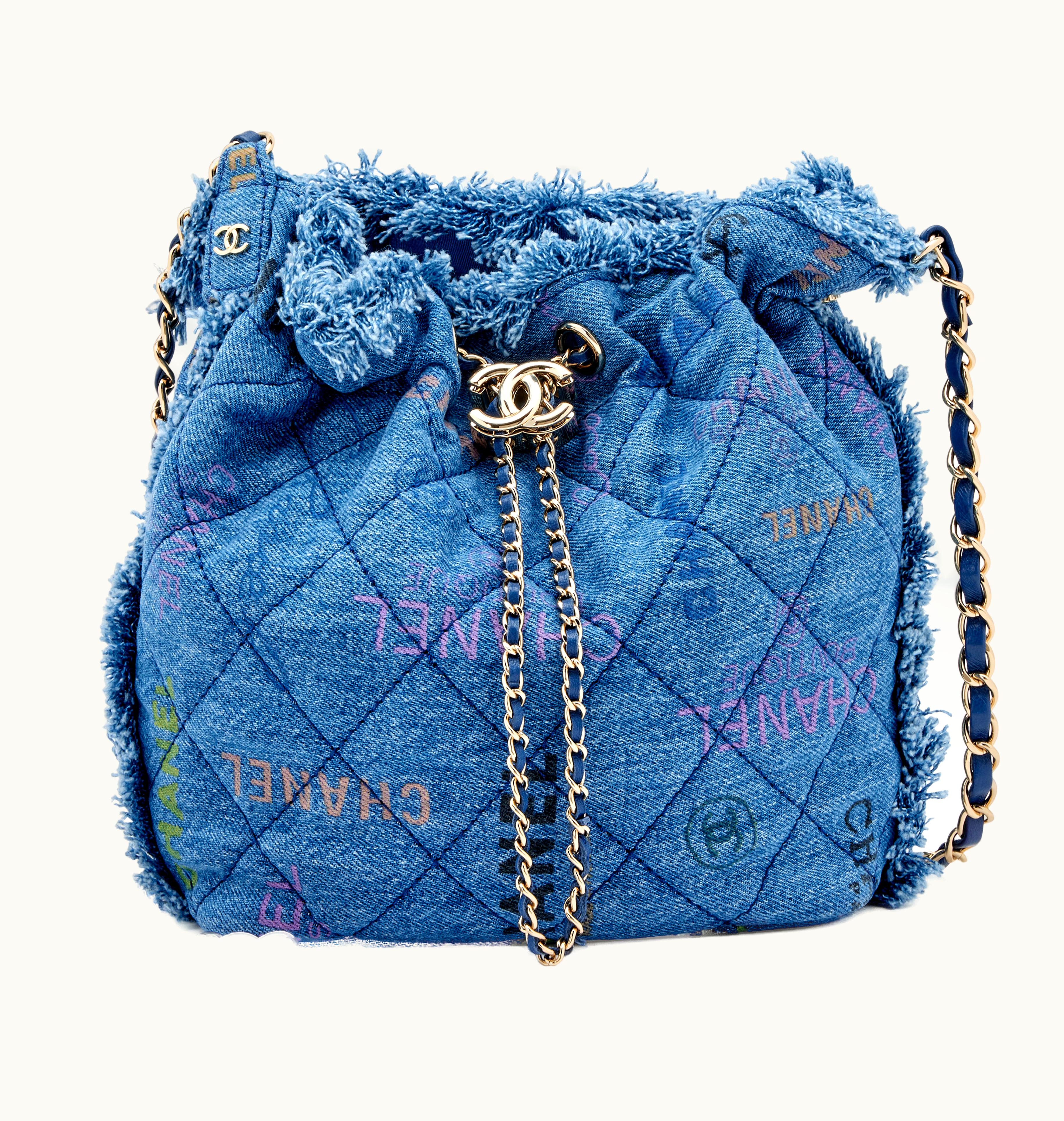 Chanel Chanel Blue Denim Logo Patterned Quilted Mini Mood Bucket Bag with Gold Hardware, 2022